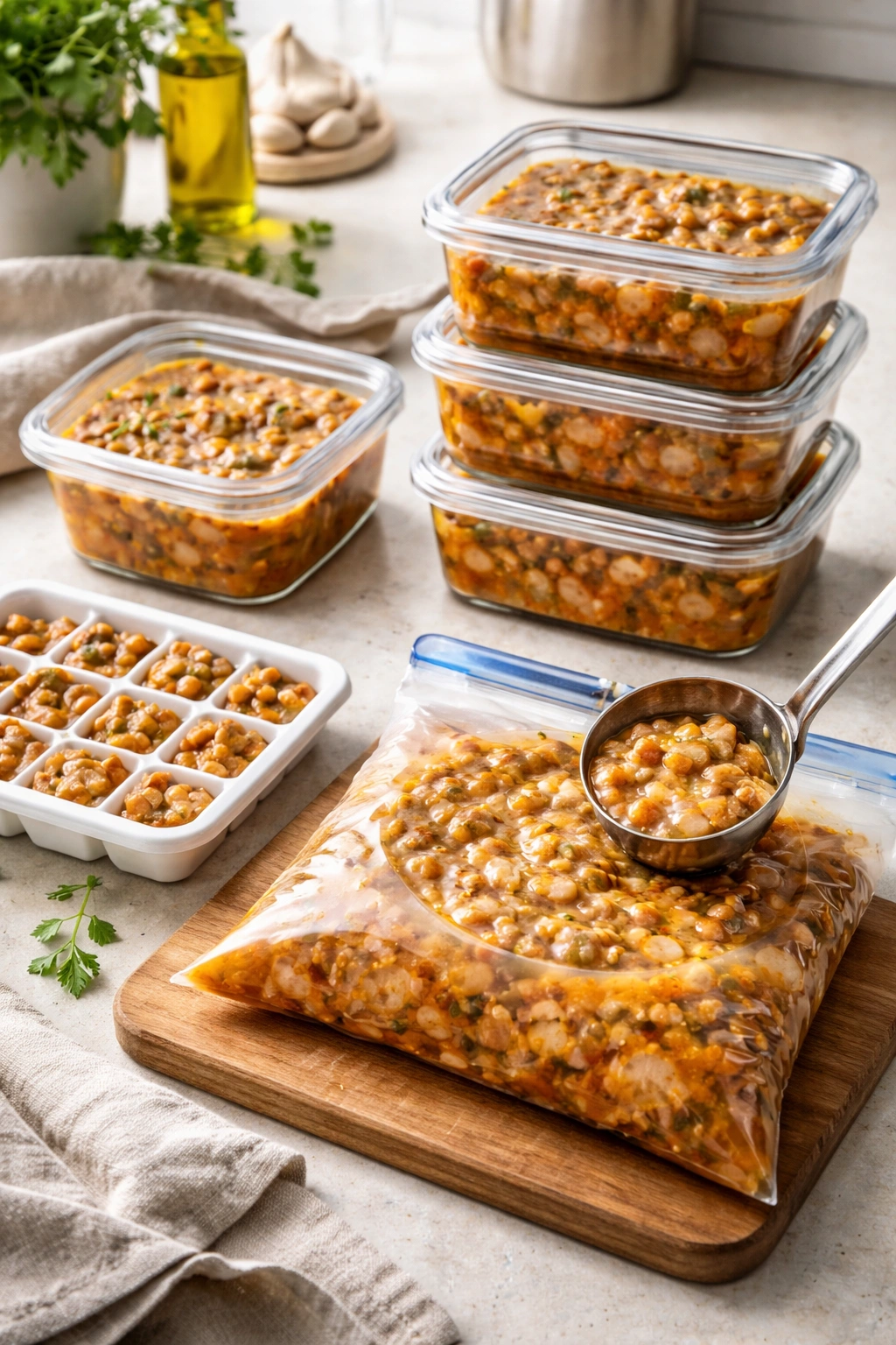 Soup stored in glass containers and freezer bag for make-ahead and freezing