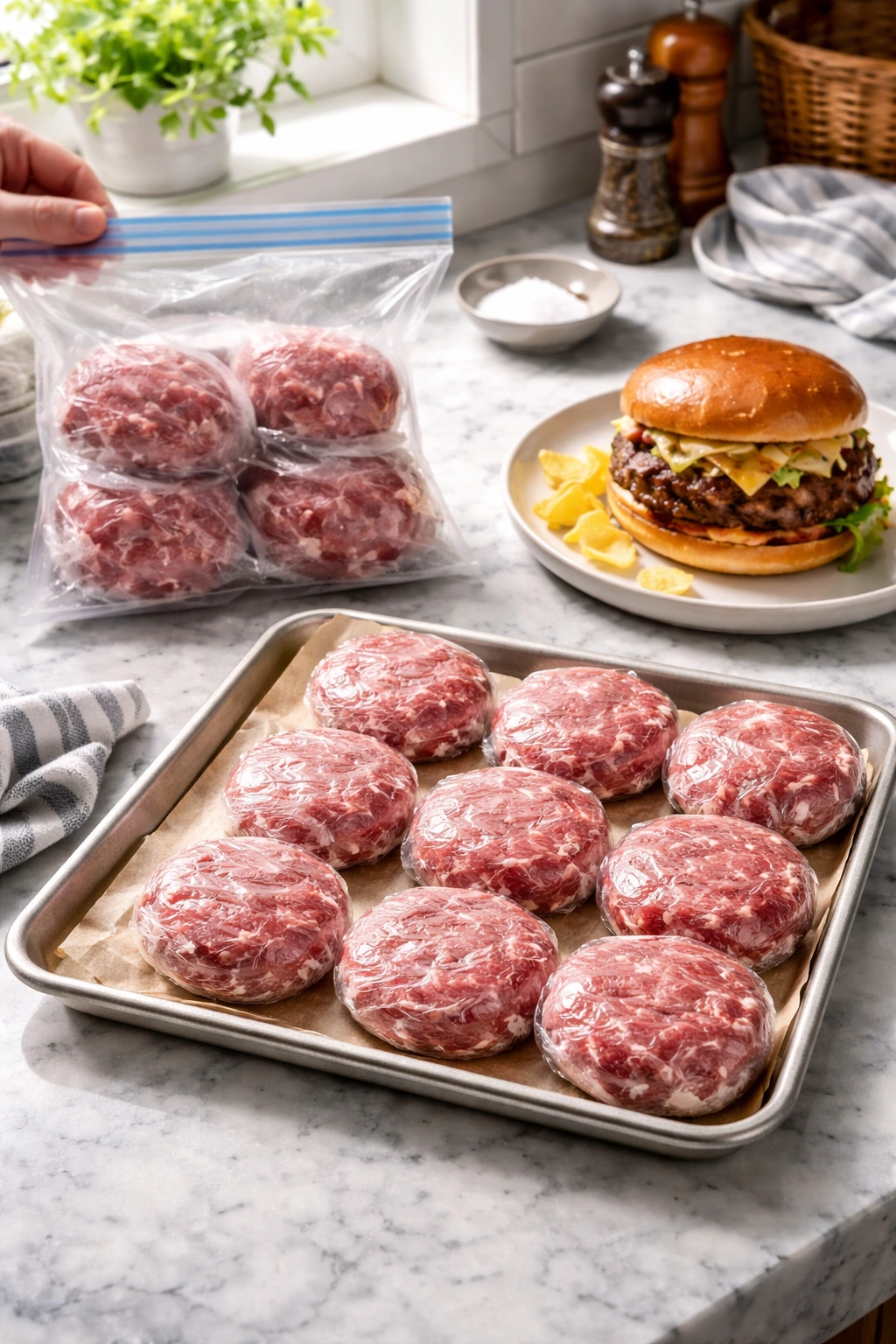 Raw beef portions in plastic wrap, freezer bag, and a cooked burger suggest storage and reheating