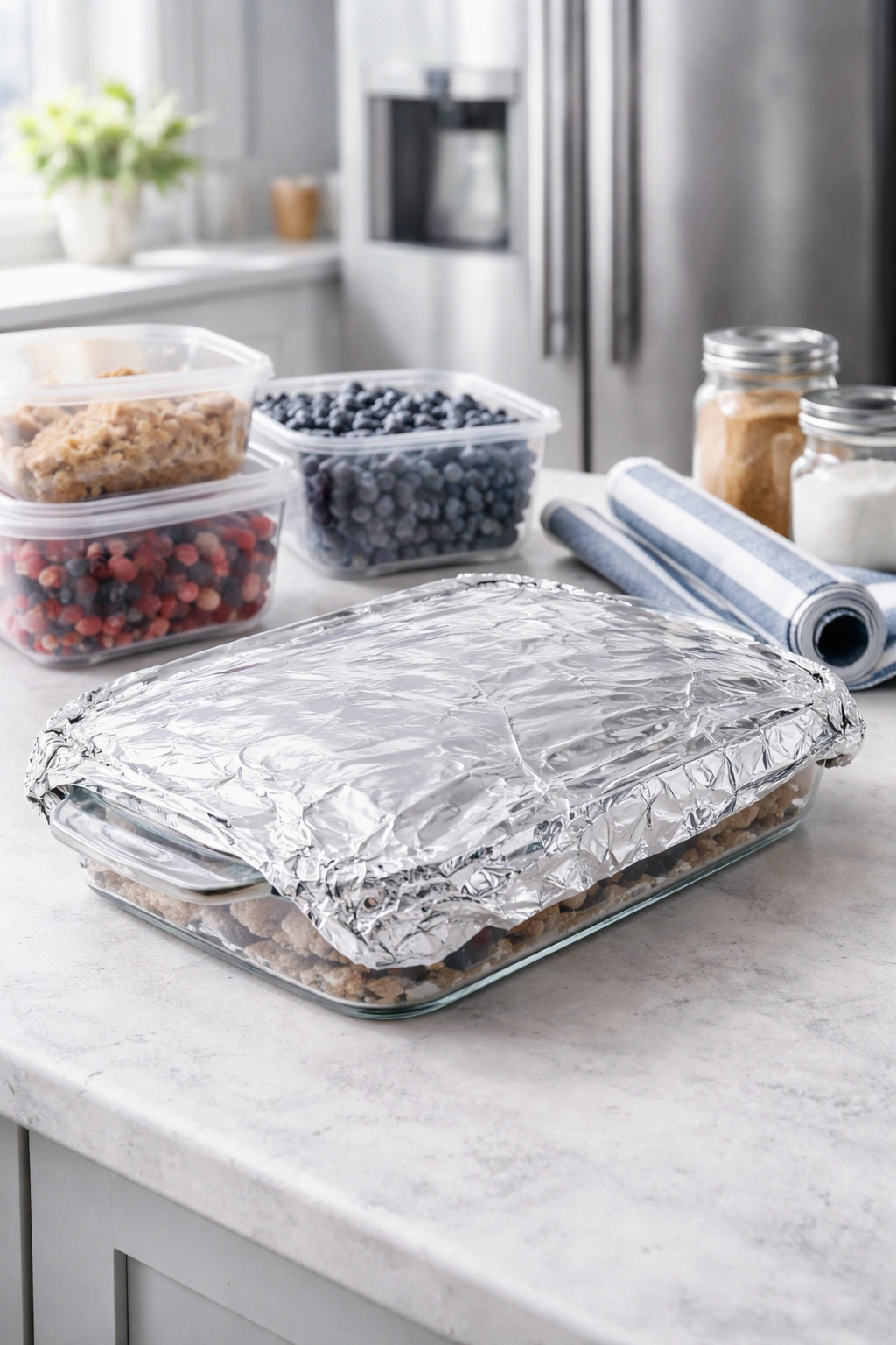 Foil-wrapped baking dish ready for storage or reheating
