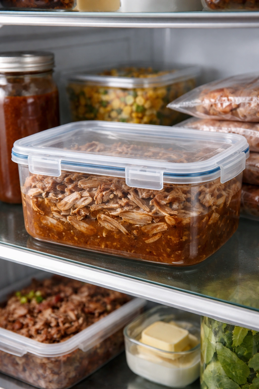 Airtight container of pulled pork in refrigerator with liquid