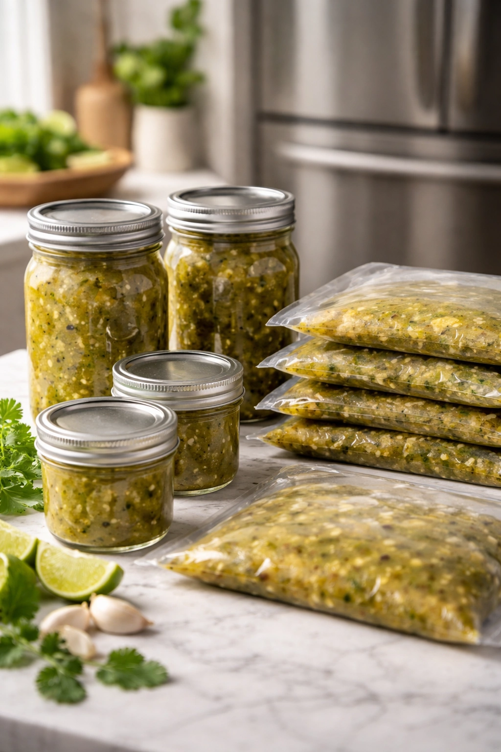 Jars and freezer bags of salsa on a kitchen counter ready for storage