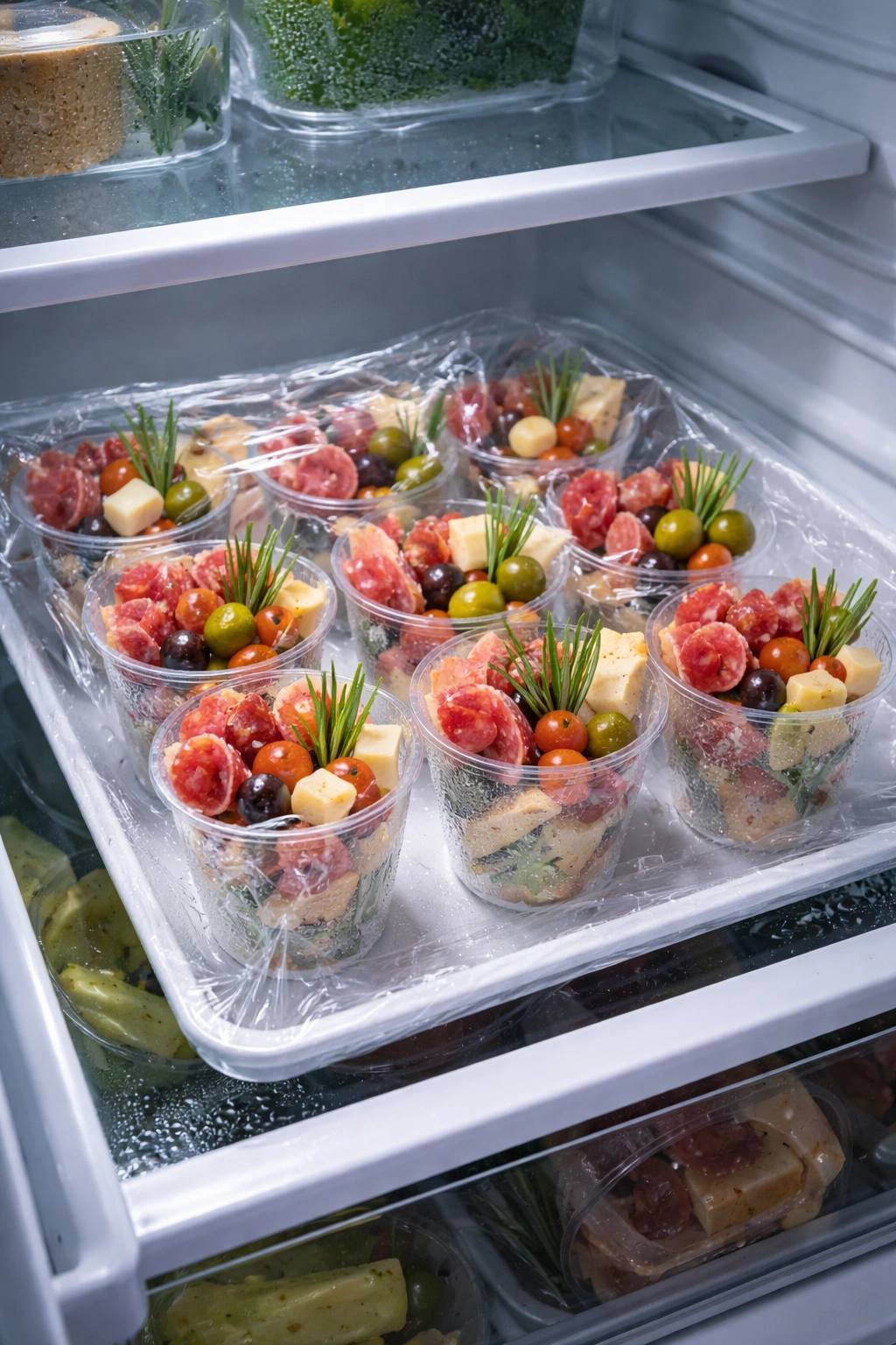 Fridge tray with sealed charcuterie cups under plastic wrap