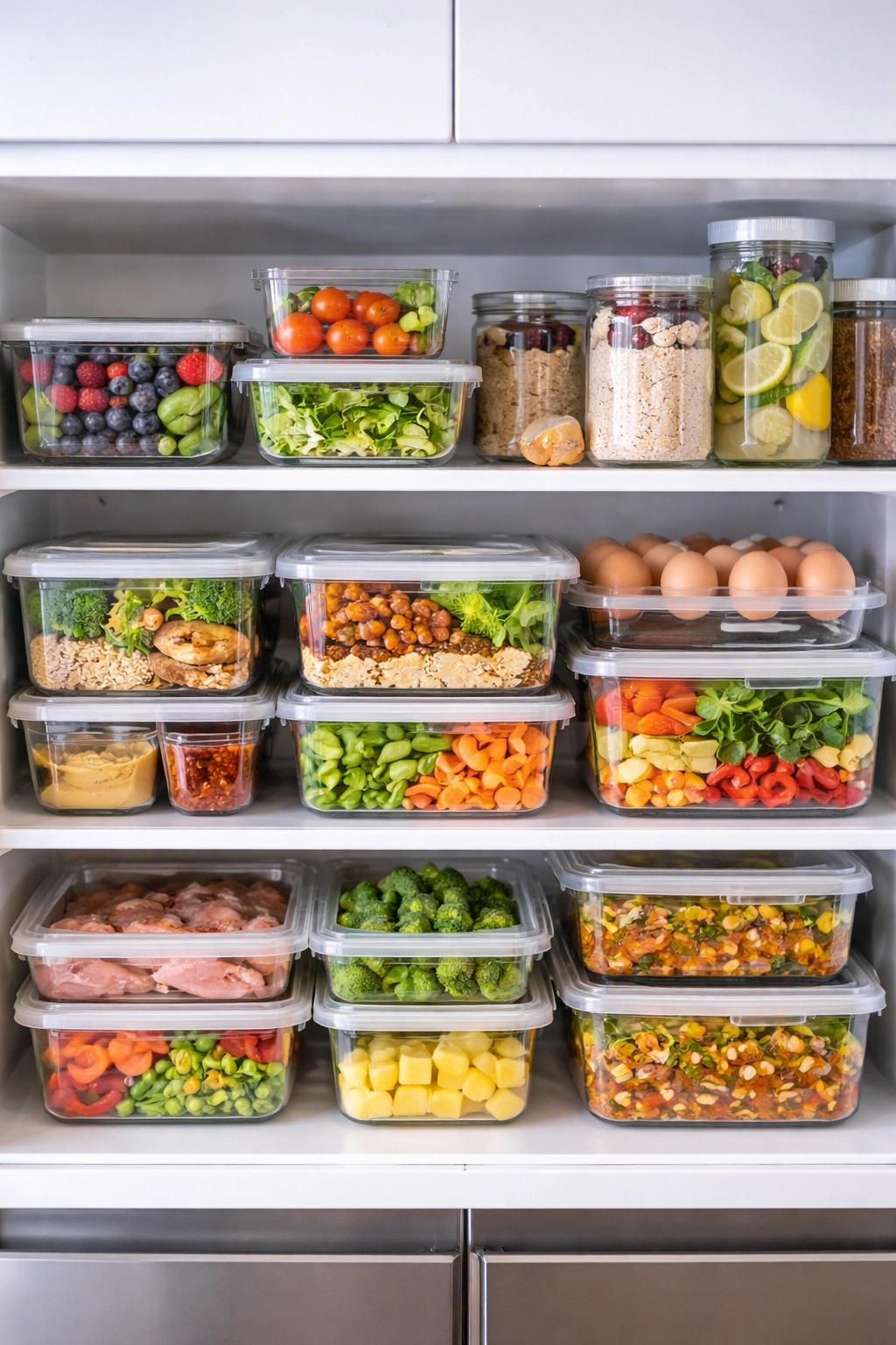 Clear storage containers with prepared meals neatly stored