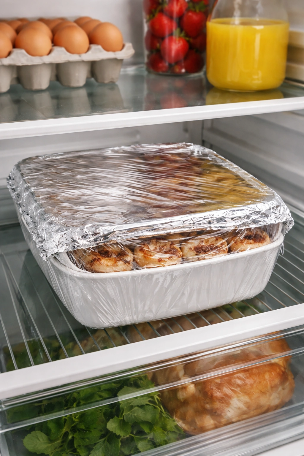 Casserole dish tightly wrapped for make-ahead storage in a refrigerator