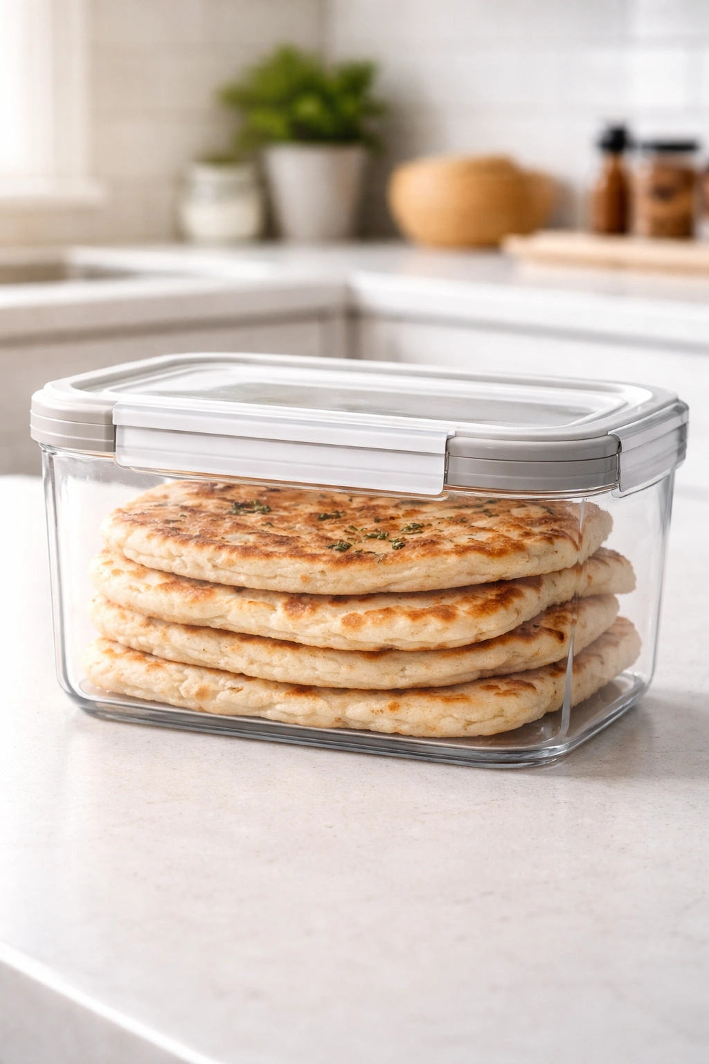 Flatbread stored in a transparent airtight container on a kitchen counter