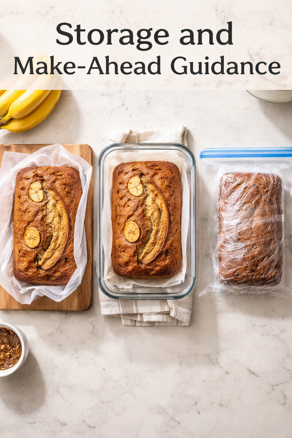 Banana bread shown in room temp, fridge, and freezer storage states with wrapped slices