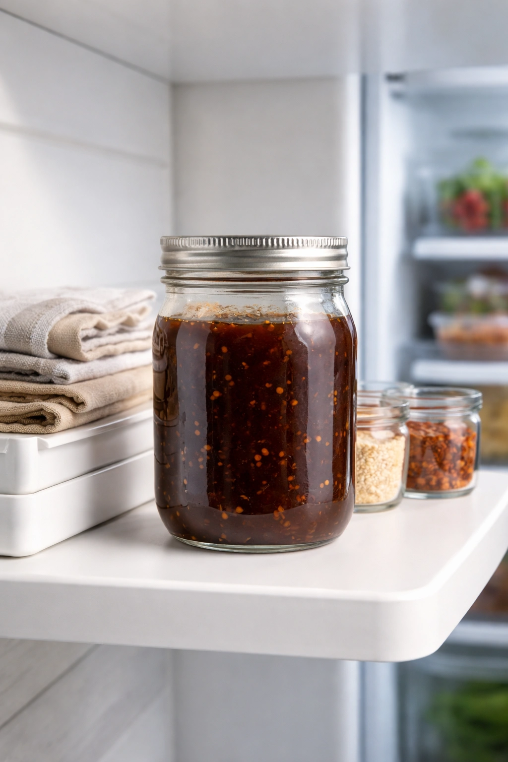 Mason jar of homemade stir-fry sauce stored for refrigeration