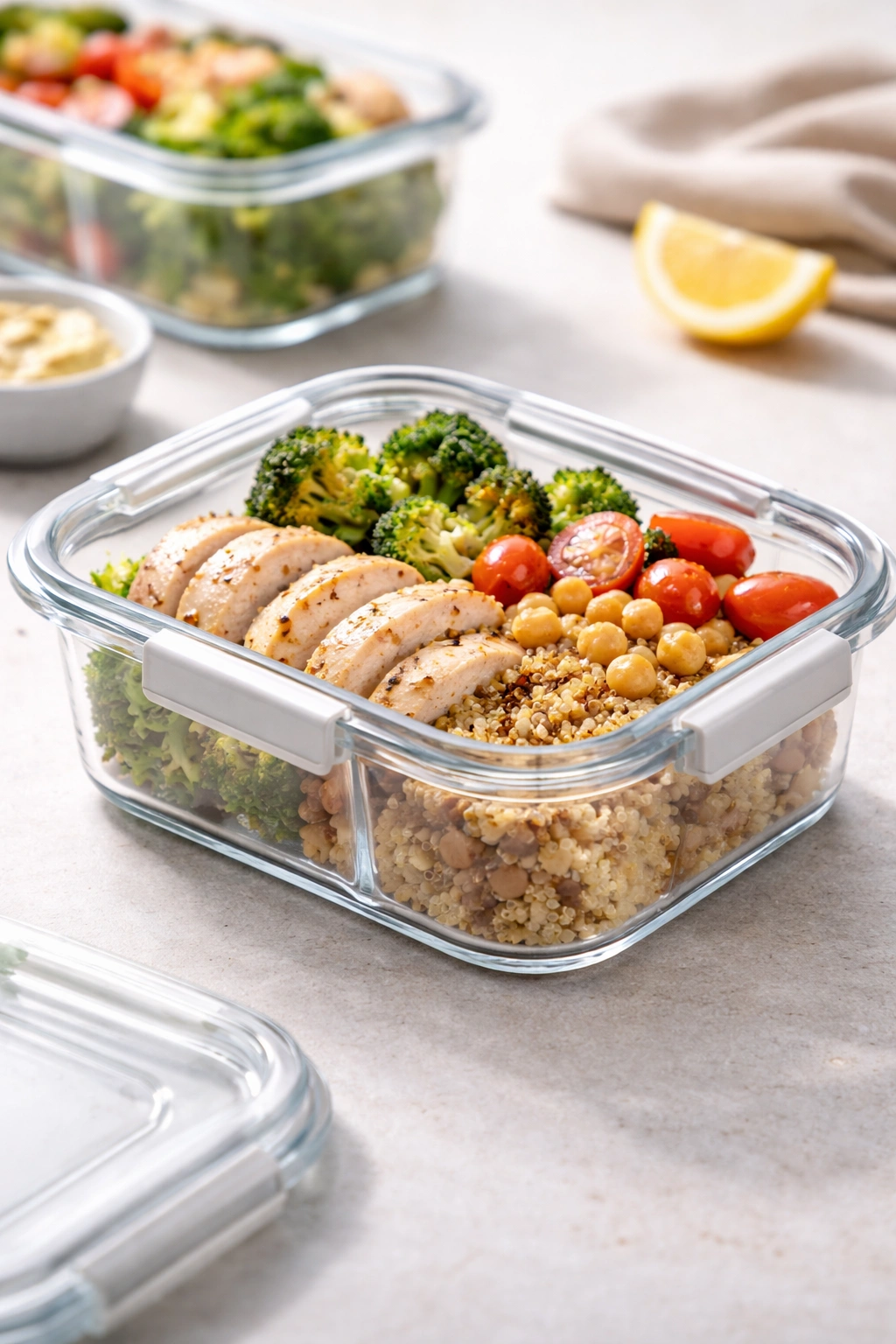 Glass meal prep container with a securely sealed lid ready for fridge storage.