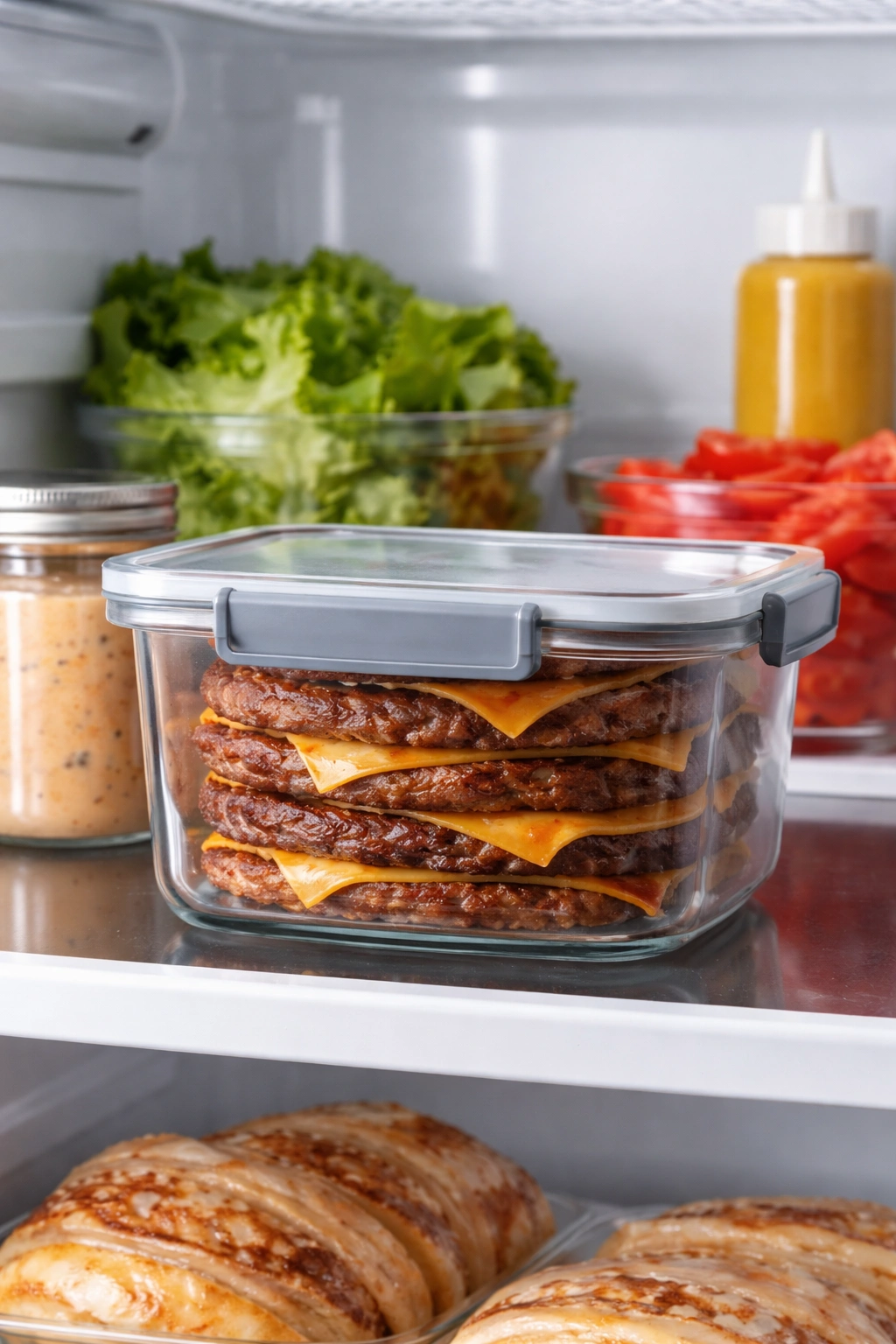 Airtight container with burger patties in fridge