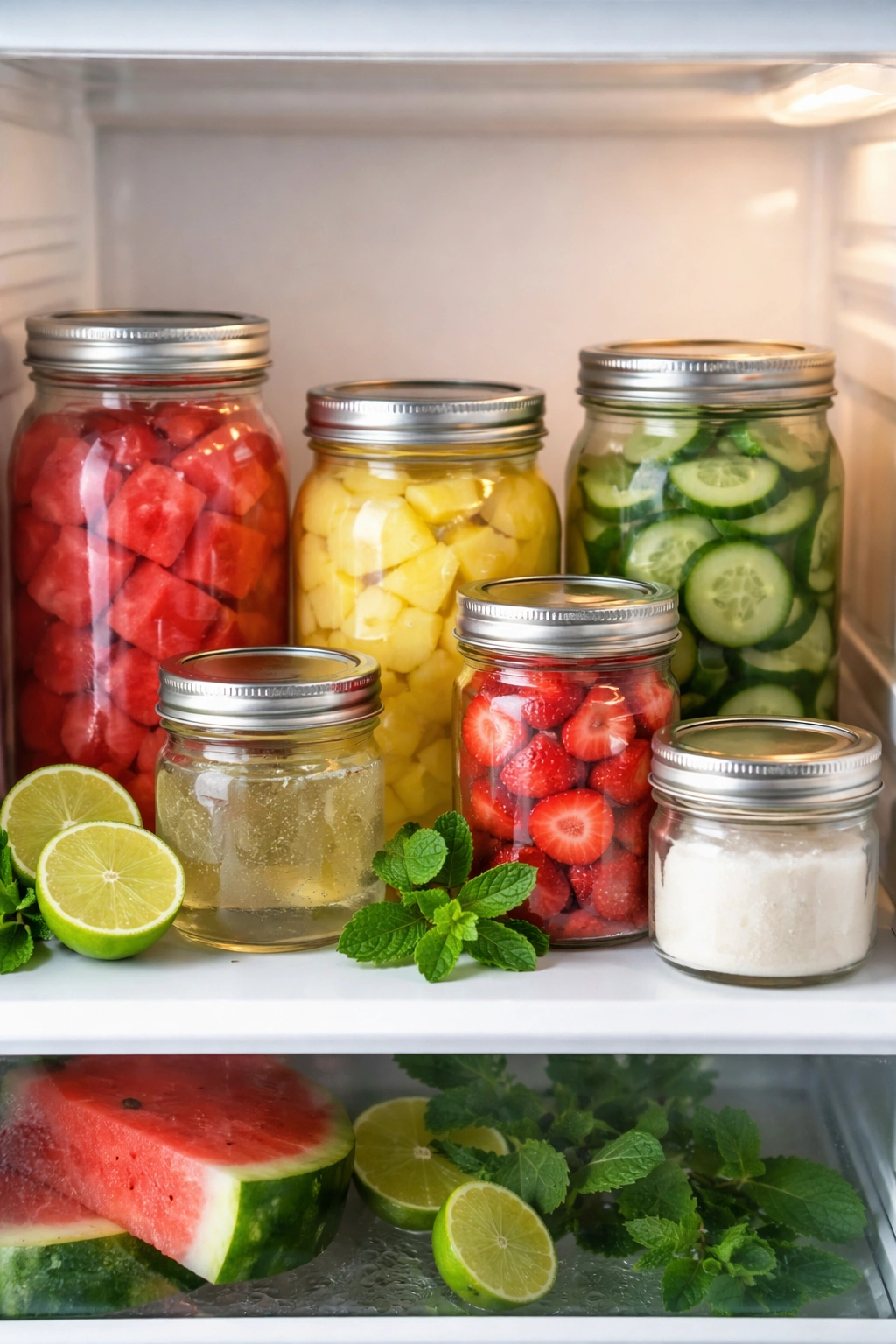 Glass jars on a kitchen shelf in a cold fridge-like setting
