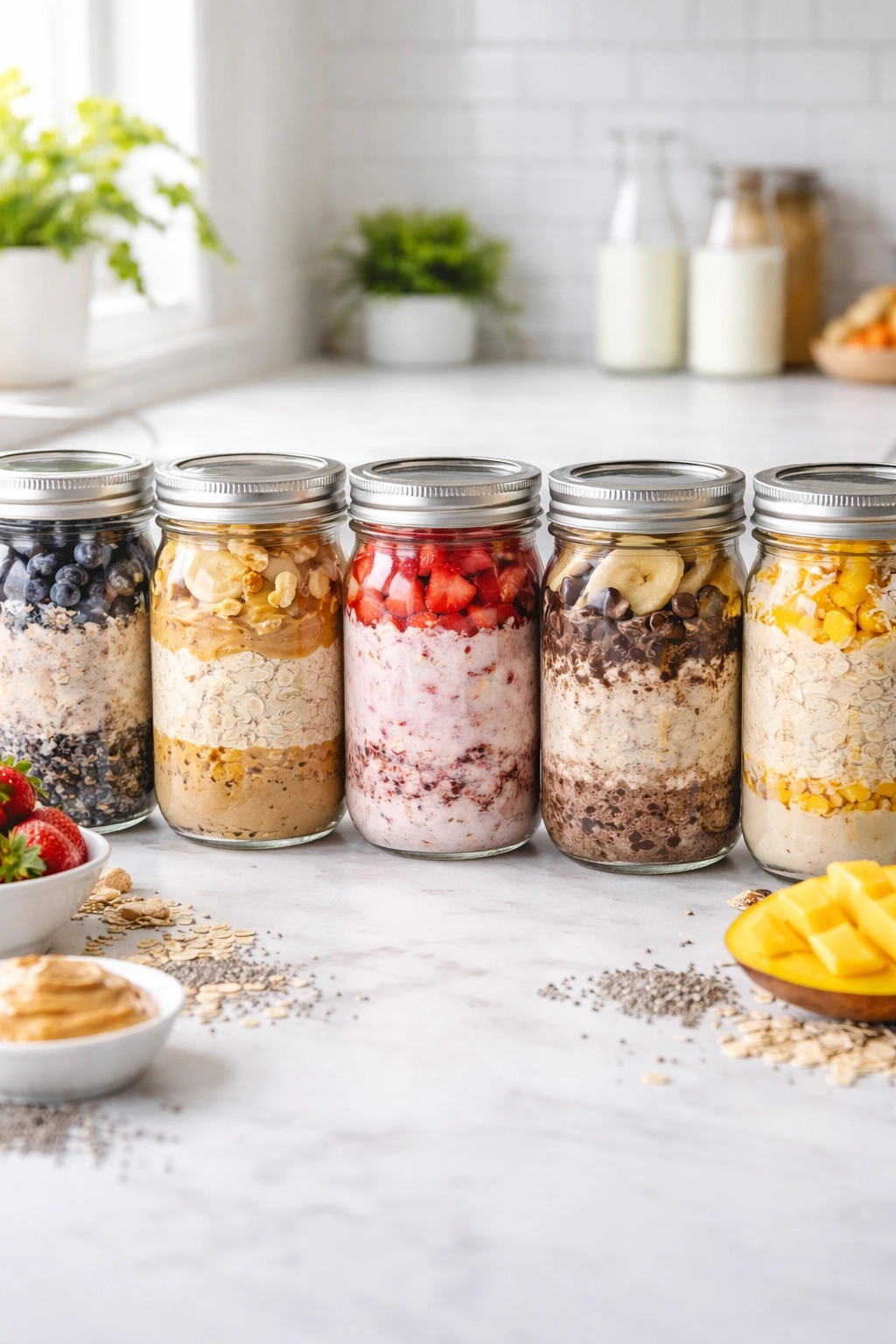 Row of mason jars filled with overnight oats on a clean counter