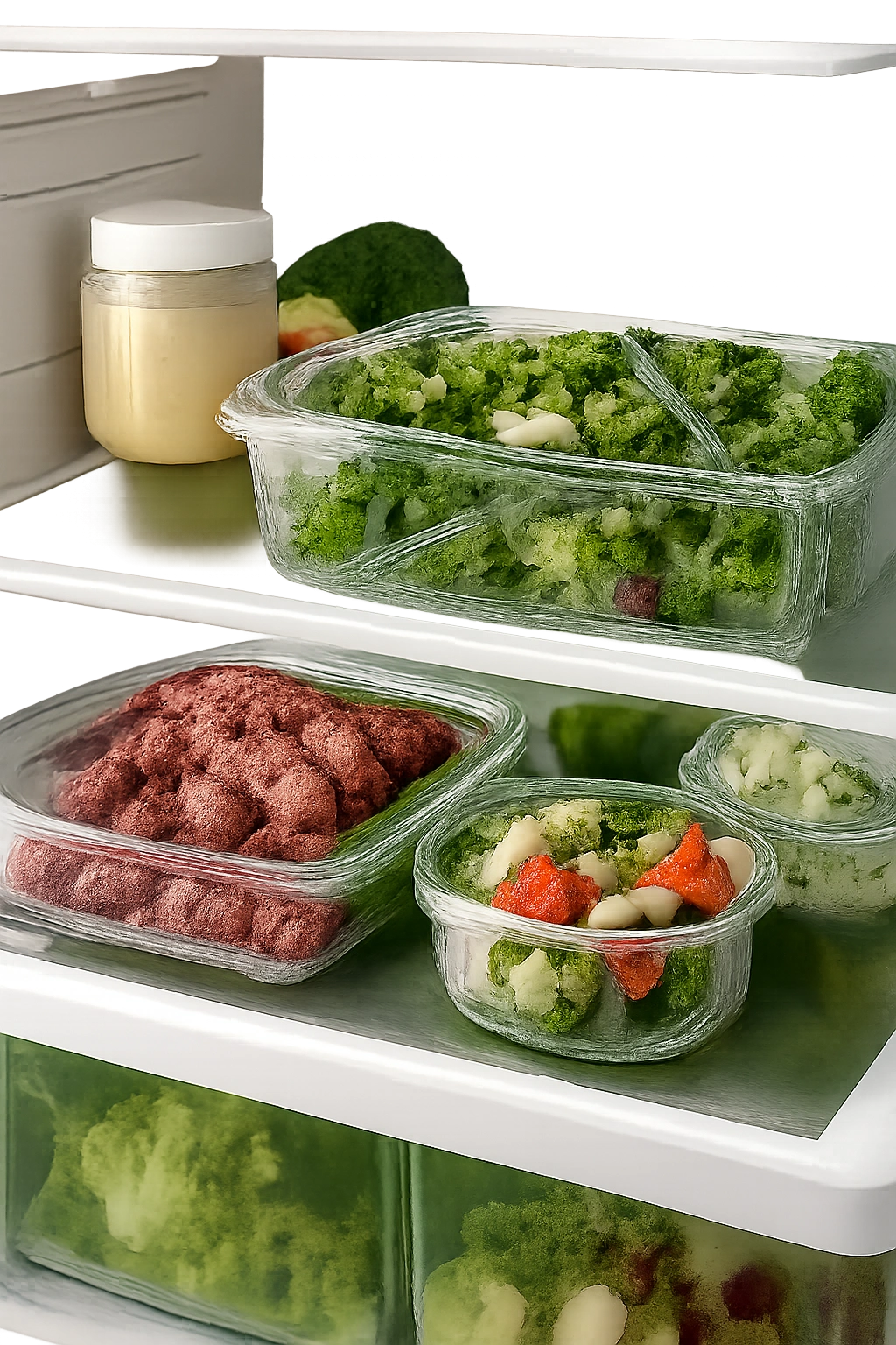 Leftover steak stored in airtight containers with greens