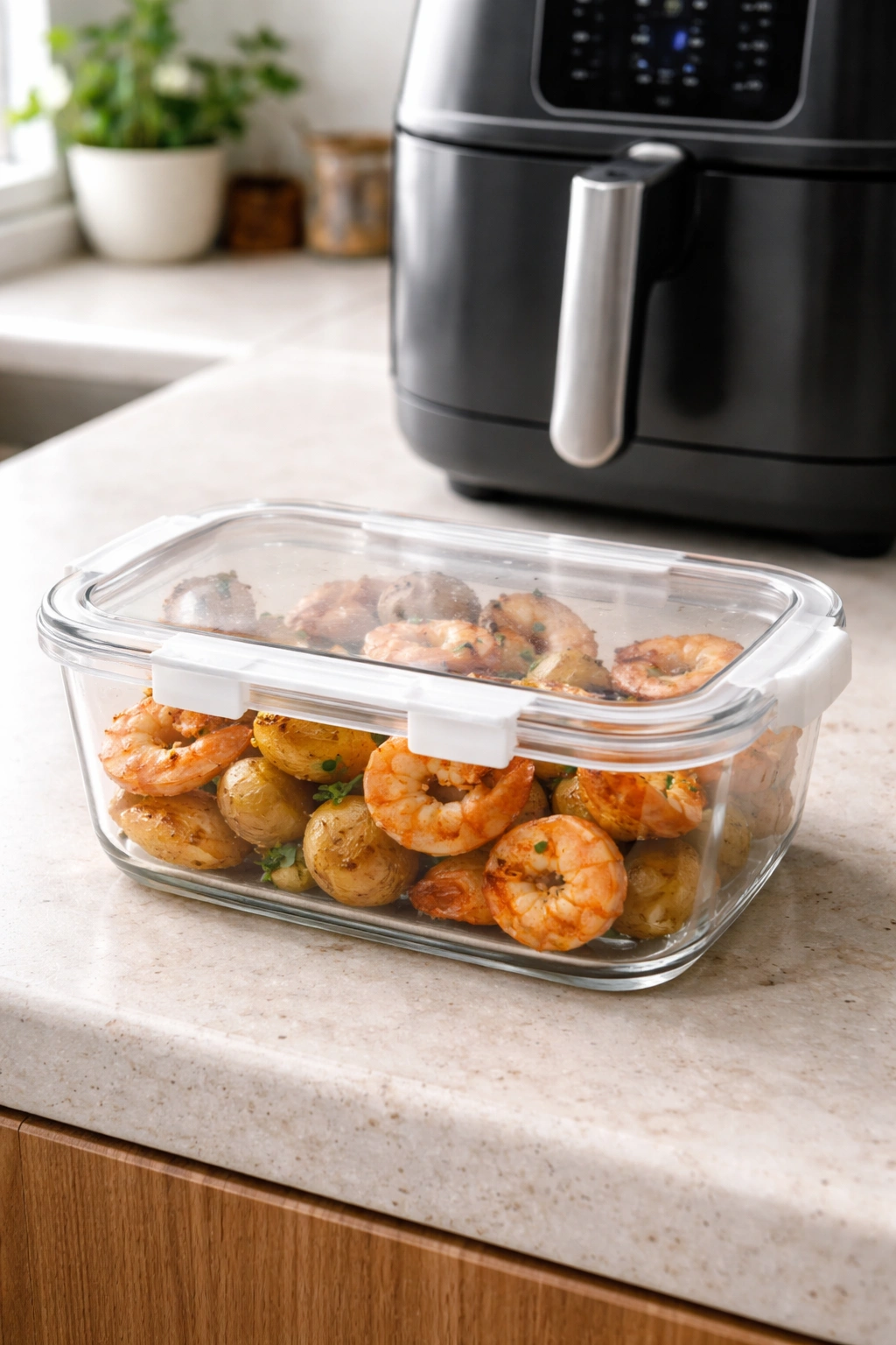 Leftover shrimp and potatoes stored in airtight container beside air fryer on kitchen counter.