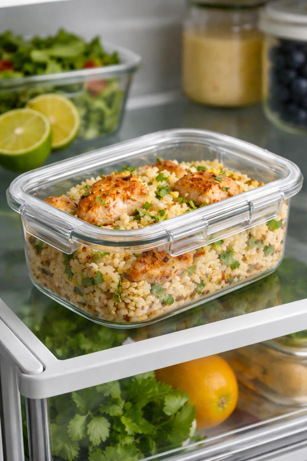 Airtight container with coconut lime chicken and rice stored in the fridge
