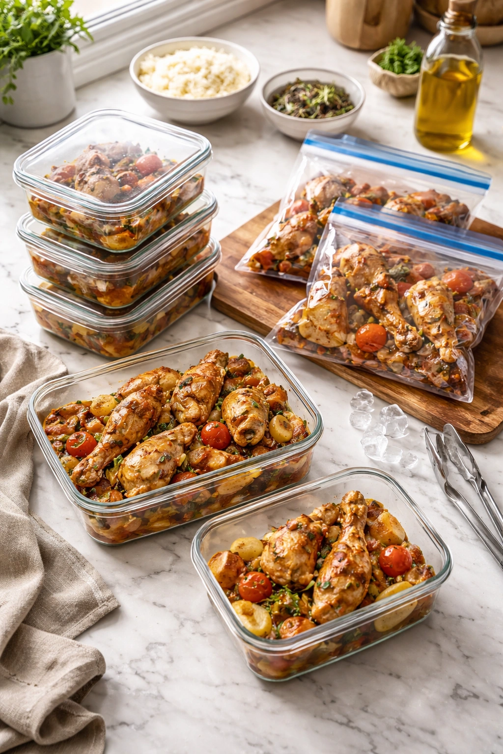 Leftover storage containers and freezer bags organized for meal prep