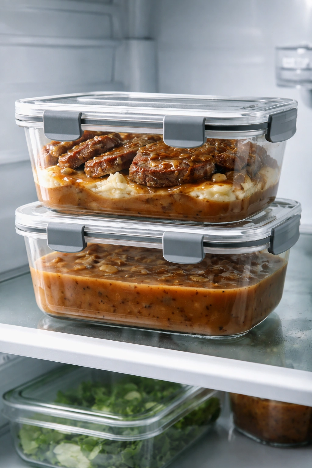 Airtight containers with leftovers and gravy stored for later use.