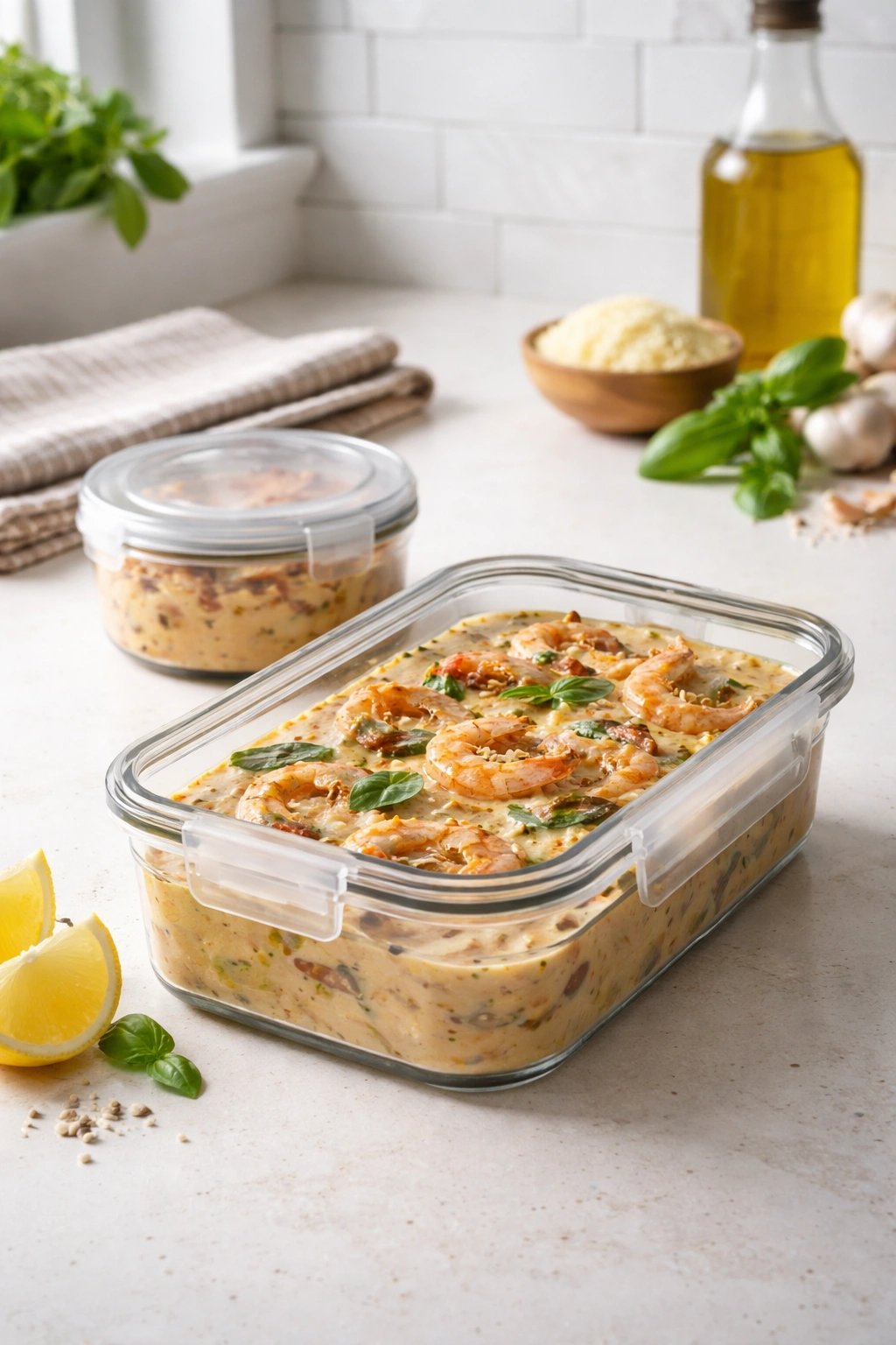 Storage and leftovers for Marry Me Shrimp: airtight container with creamy sauce on kitchen counter