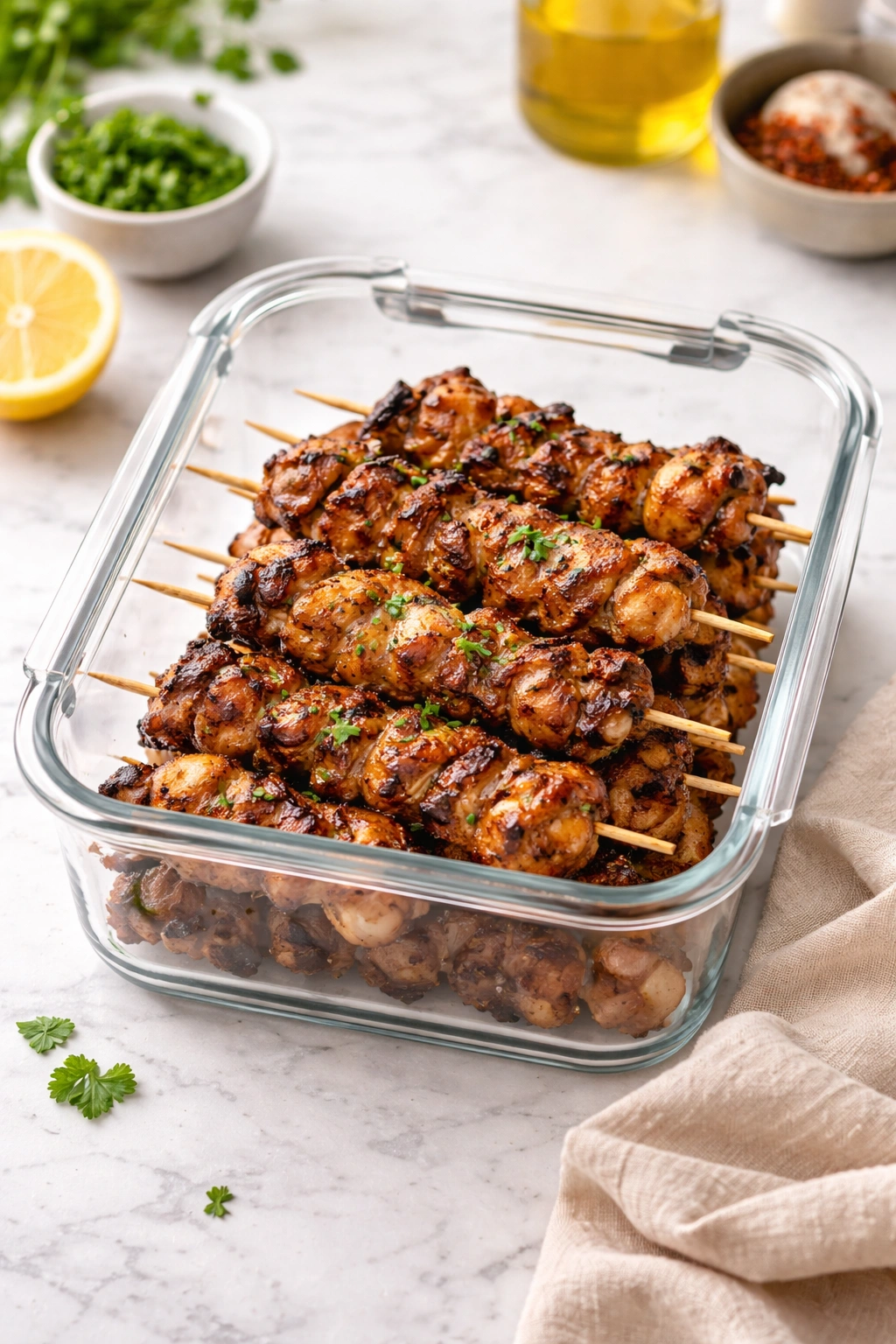 Airtight container with grilled chicken thigh skewers ready for storage