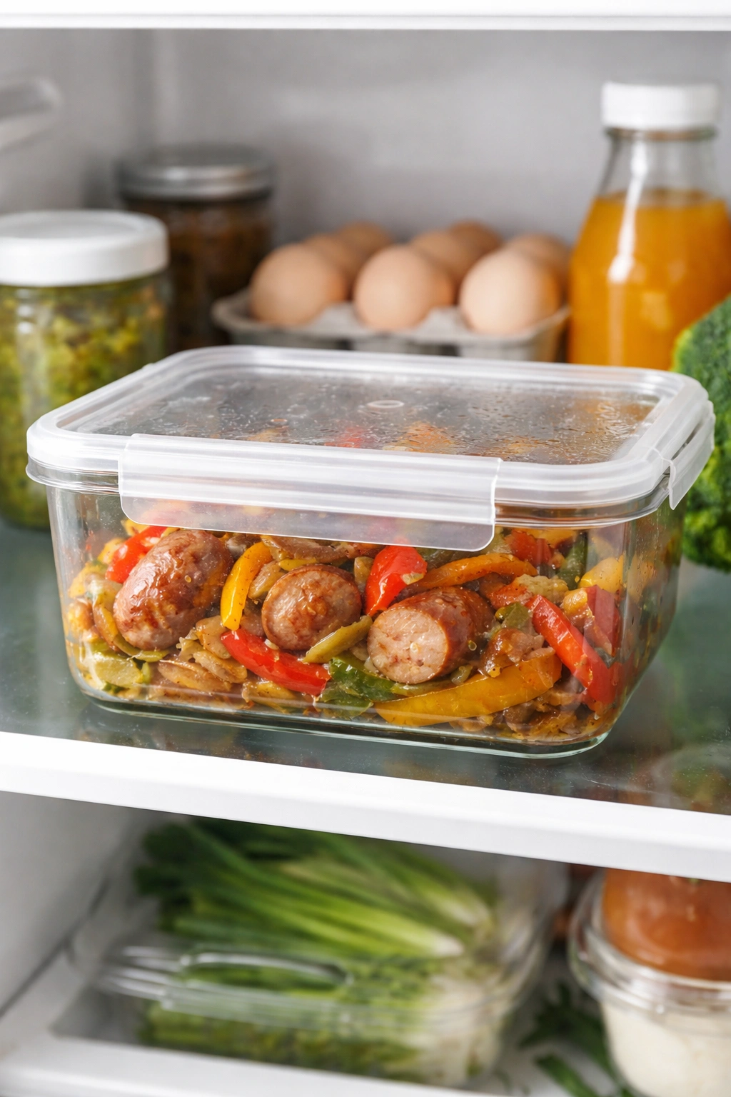 Leftover sausage and peppers in a glass container in fridge