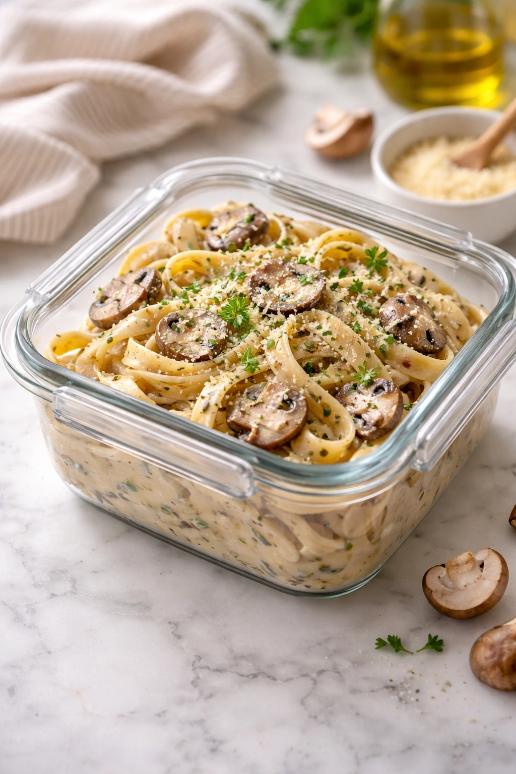 Single airtight container of creamy mushroom pasta for storage leftovers in a modern kitchen