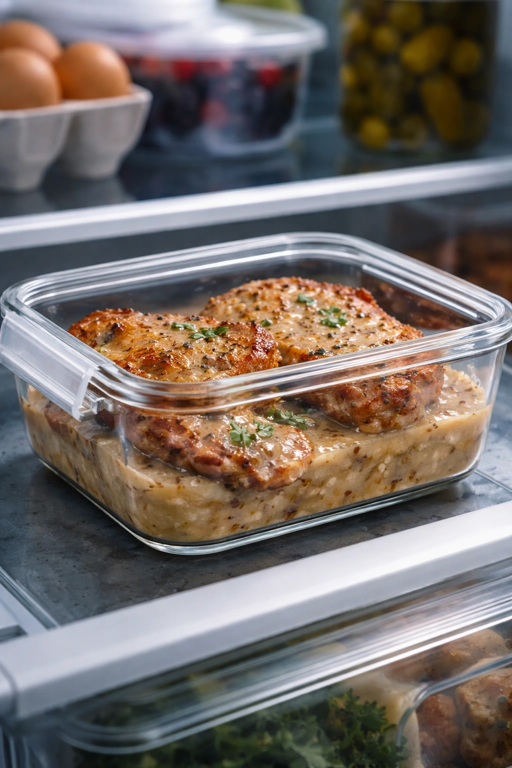 Leftover pork chops and gravy in glass container