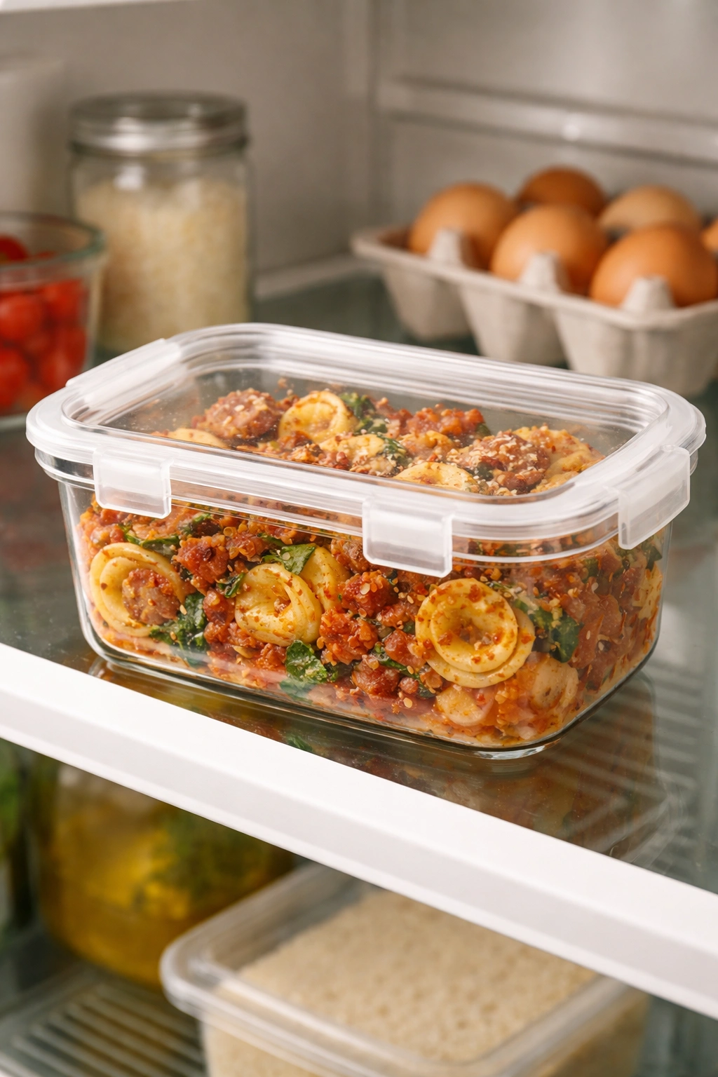 Leftover sausage tortellini stored in an airtight container for later reheating.