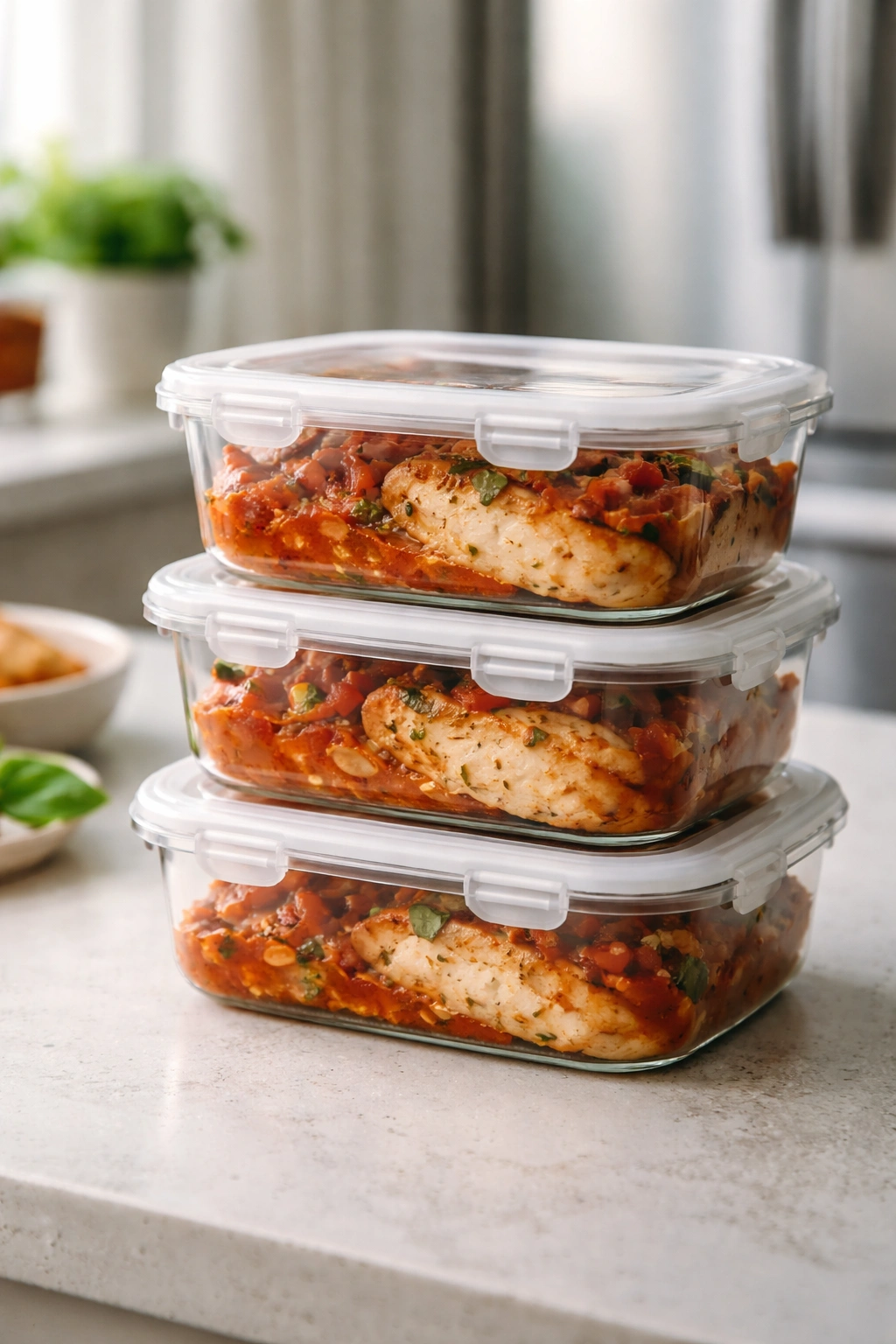 Glass containers with leftover chicken breast tomato bake ready for refrigeration on a clean counter