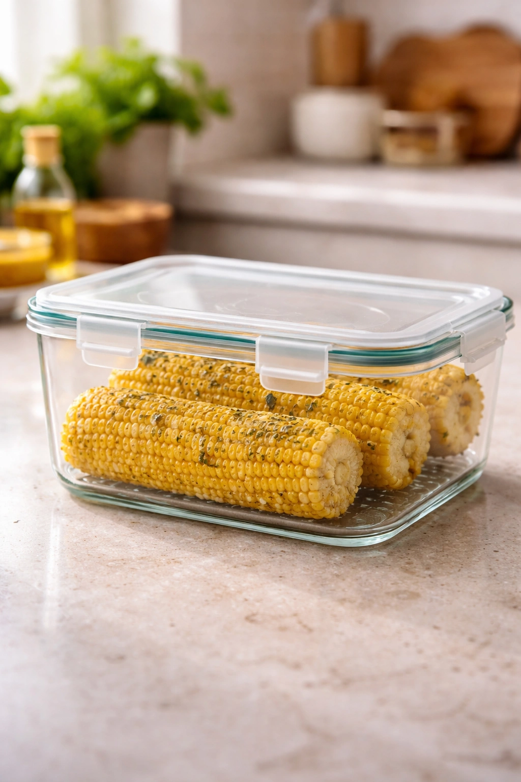 Corn on the cob stored in airtight container on kitchen counter