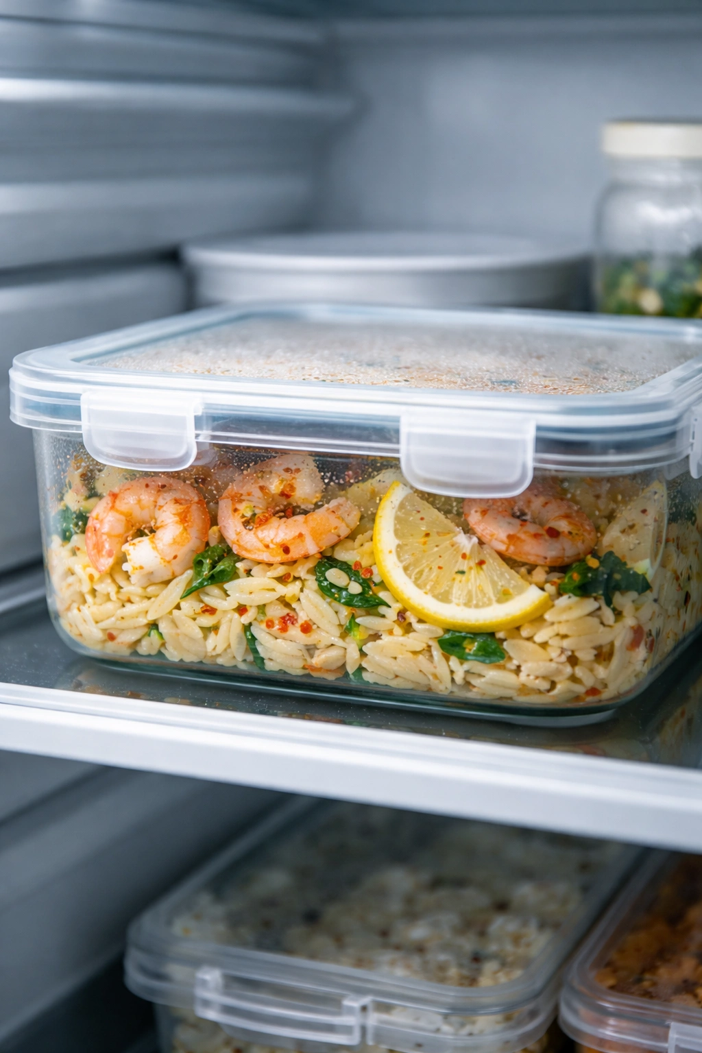 Leftover lemon shrimp orzo in an airtight container in the refrigerator