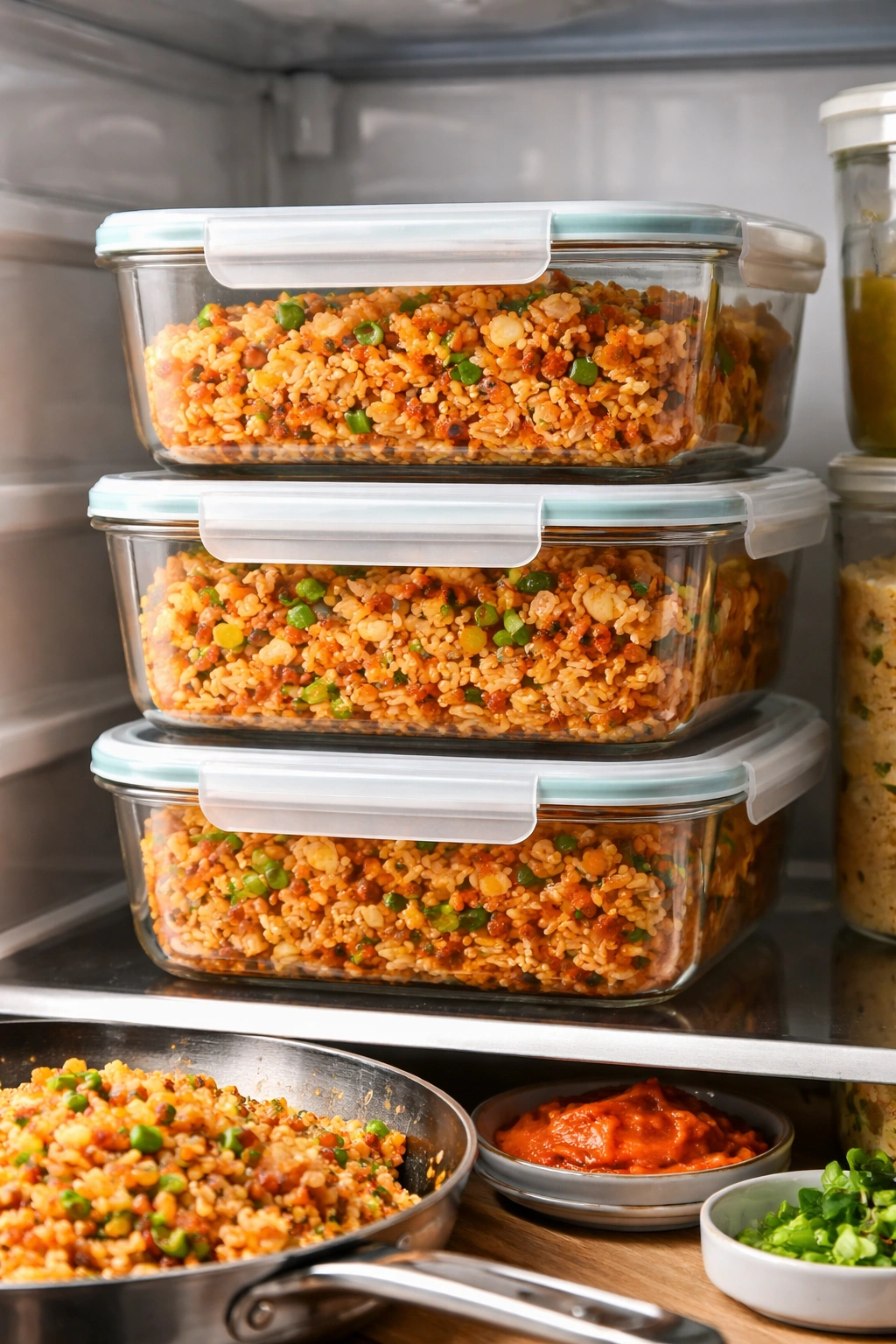 Leftover fried rice stored in clear containers on fridge shelf