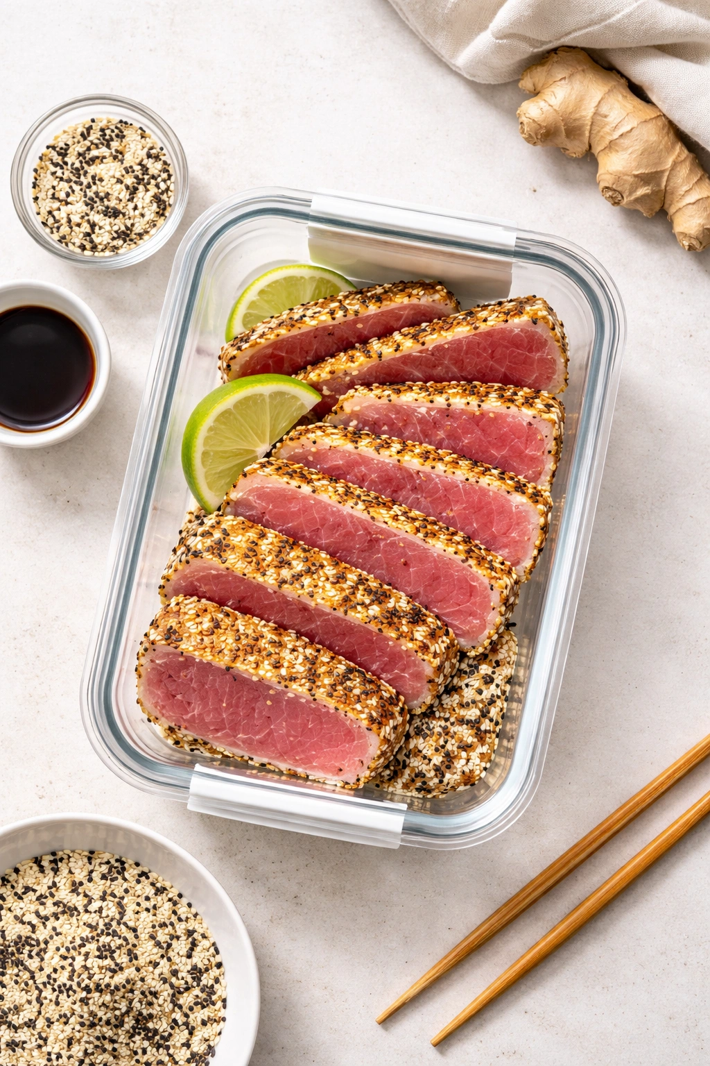 Airtight container with sliced ahi tuna and sesame crust