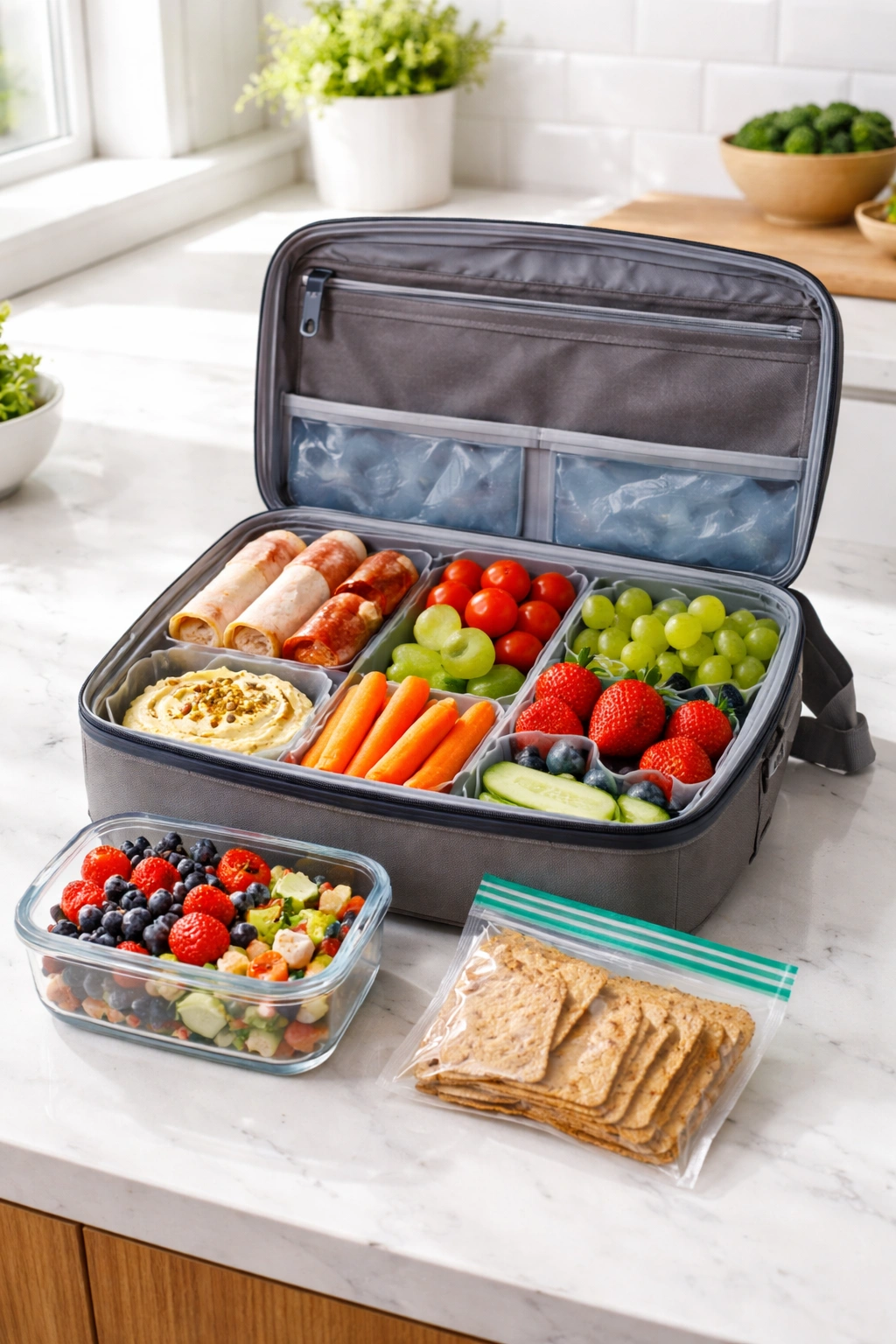 Open lunchbox with compartments and separate crackers bag on a bright counter to illustrate proper storage.