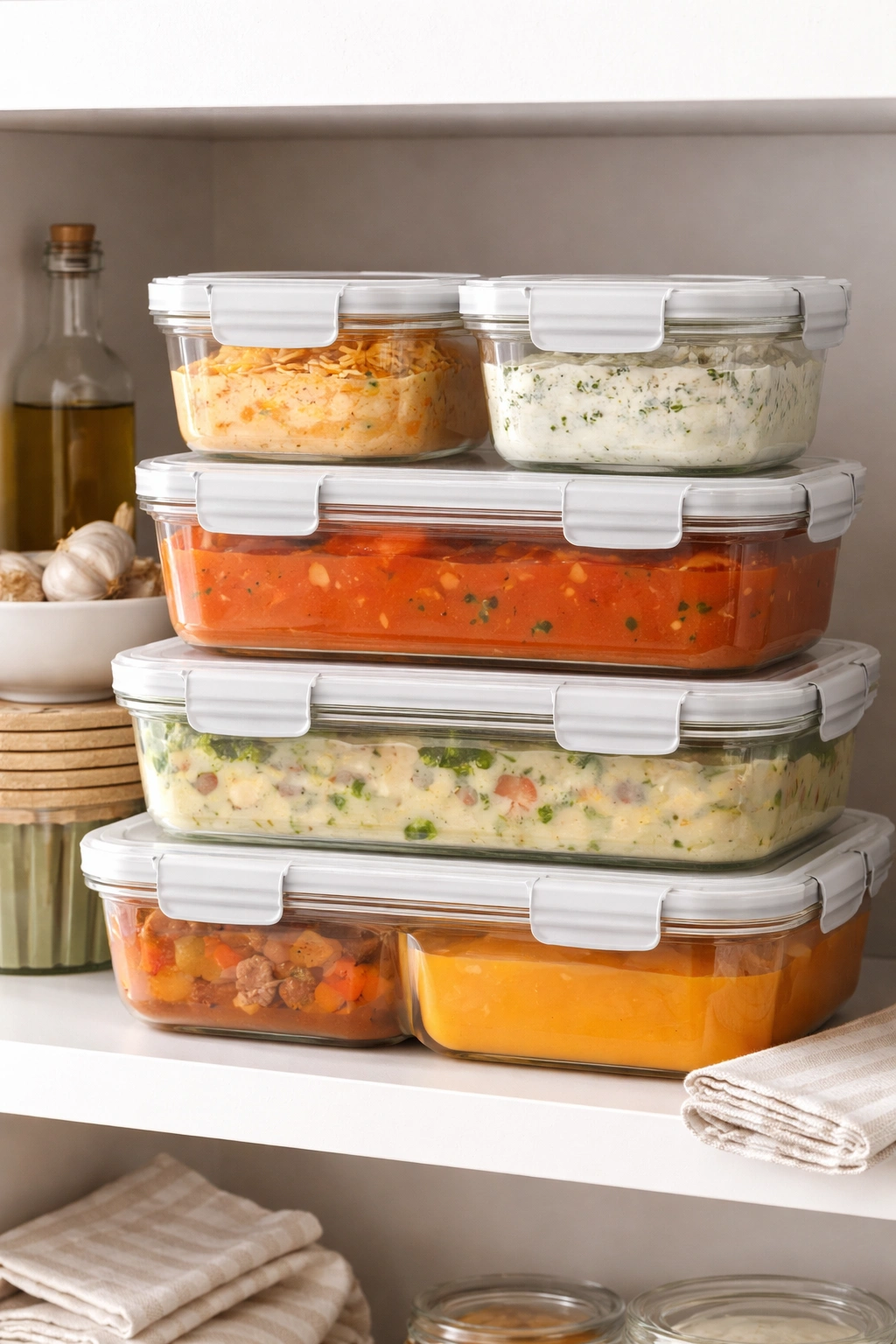 A row of airtight containers for storing soups and cheese spreads