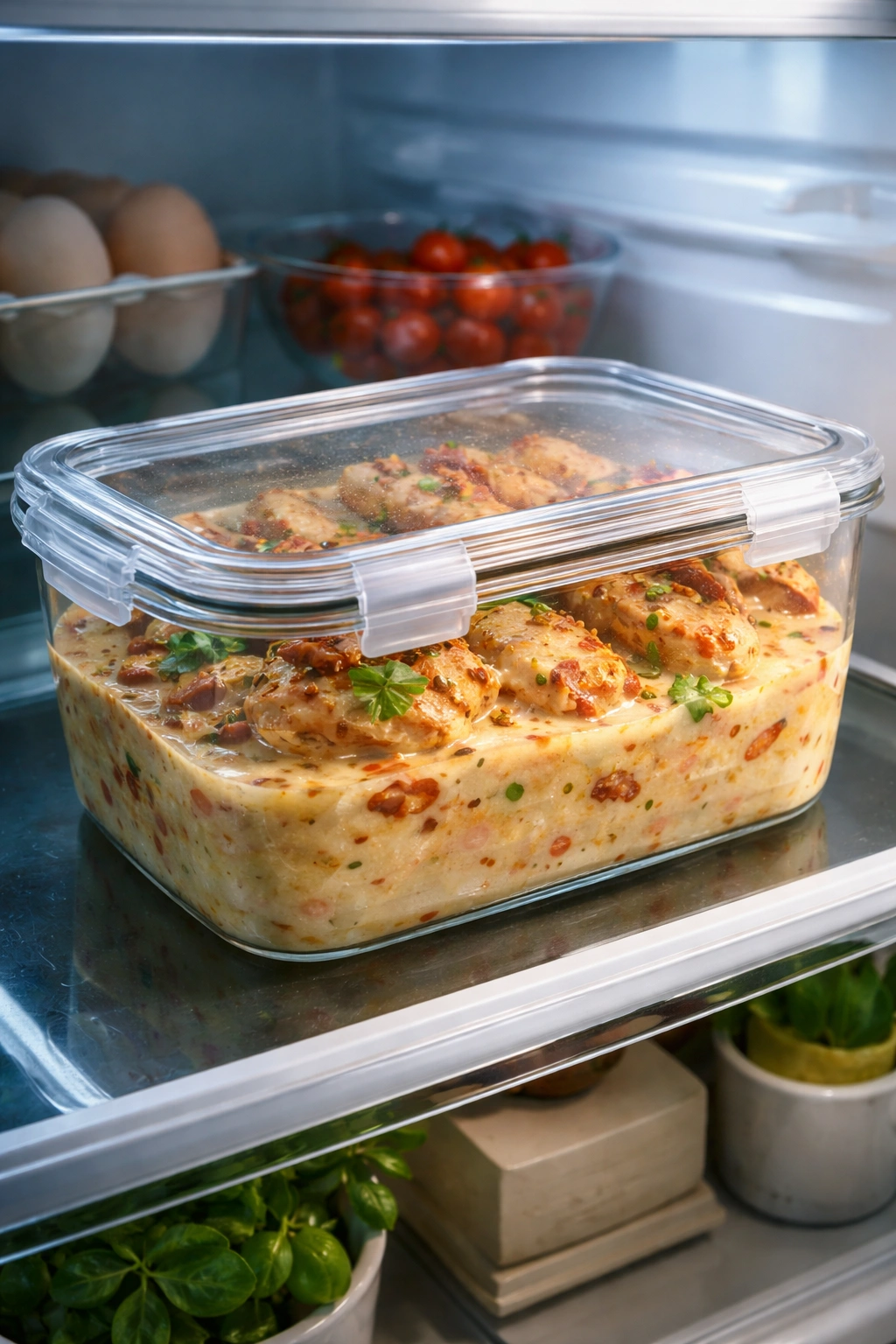 Airtight container with chicken in creamy sauce for storage