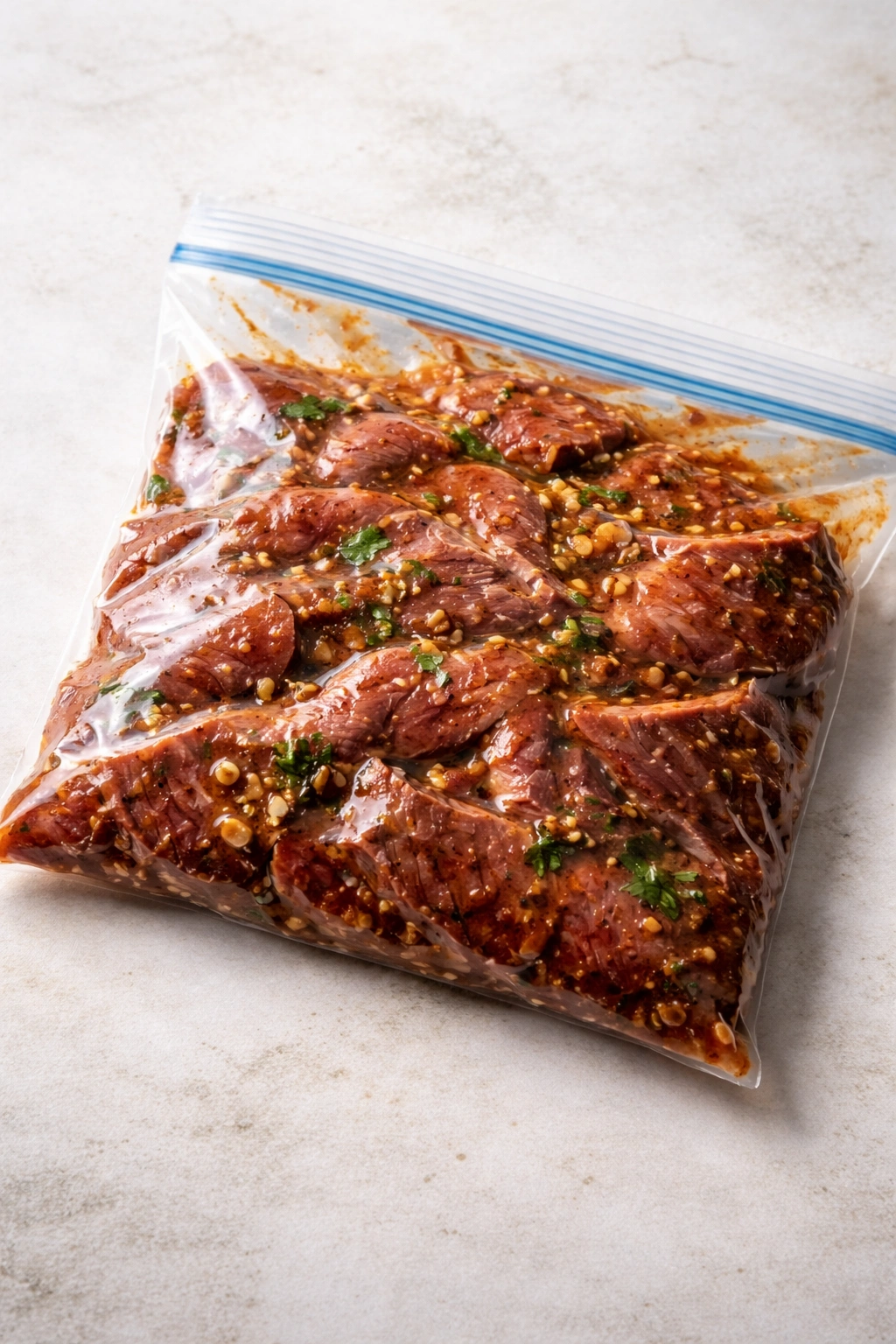 Raw marinated beef in a clear freezer bag on a clean surface