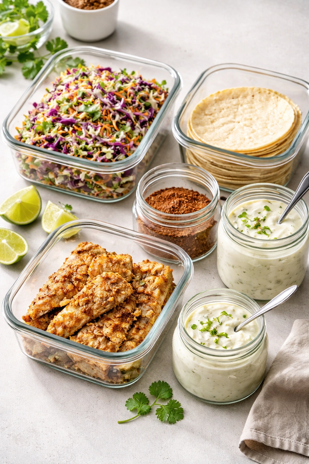 Aesthetically arranged storage containers of slaw crema and spices in a kitchen
