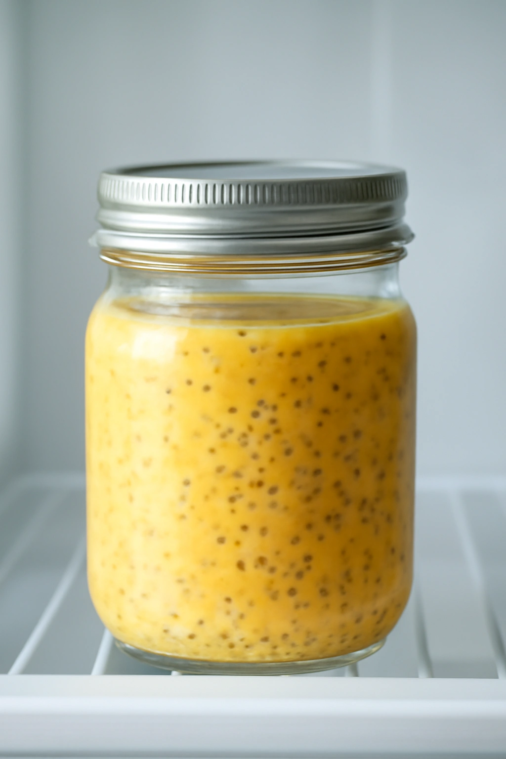 Jar of chia pudding on kitchen shelf for storage