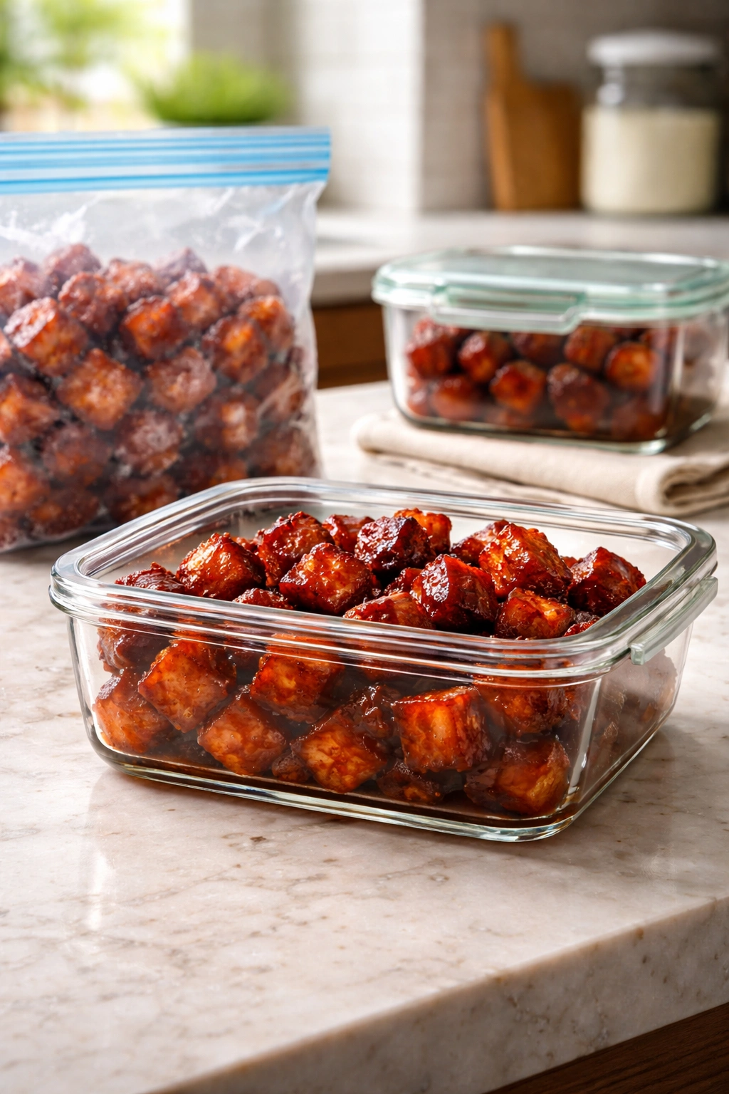 Airtight container of burnt ends on a kitchen counter with a freezer bag nearby