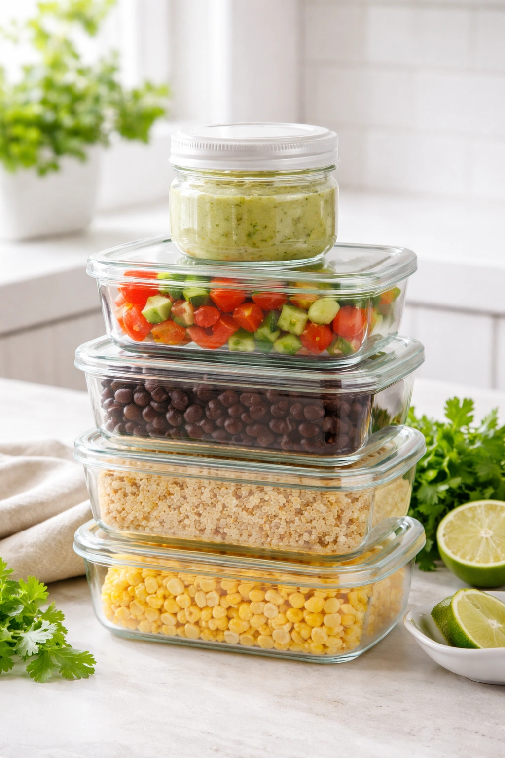 Stack of airtight glass containers on counter