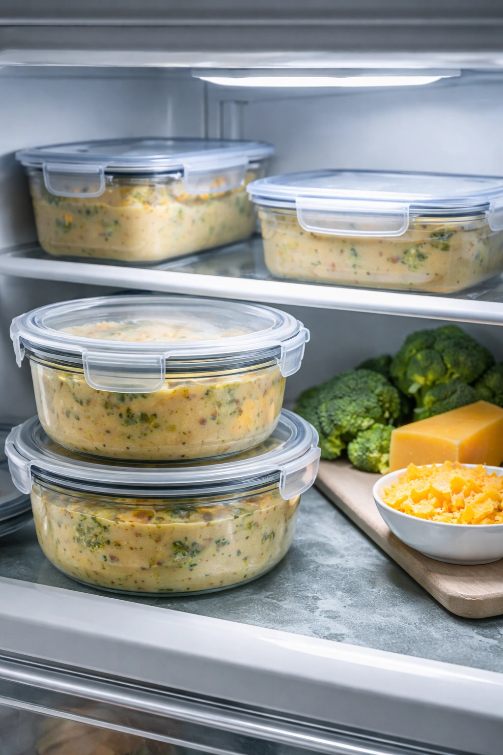 Refrigerated broccoli cheddar soup in airtight containers