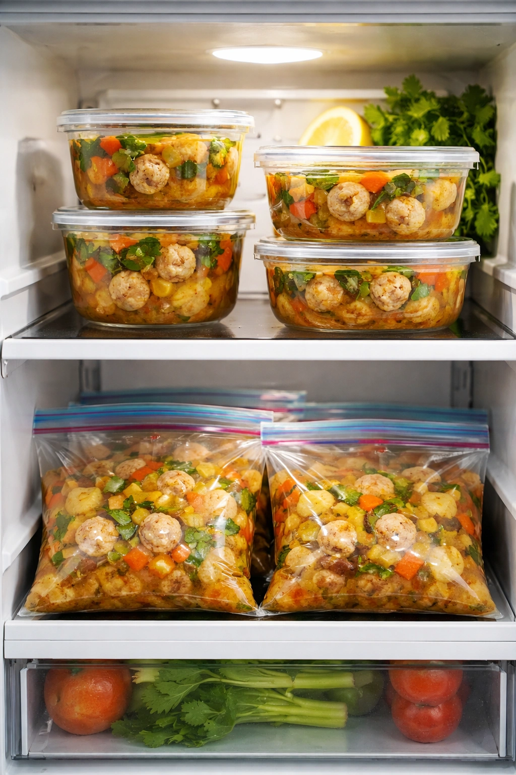 Glass containers with albondigas soup in fridge and freezer bags ready for storage