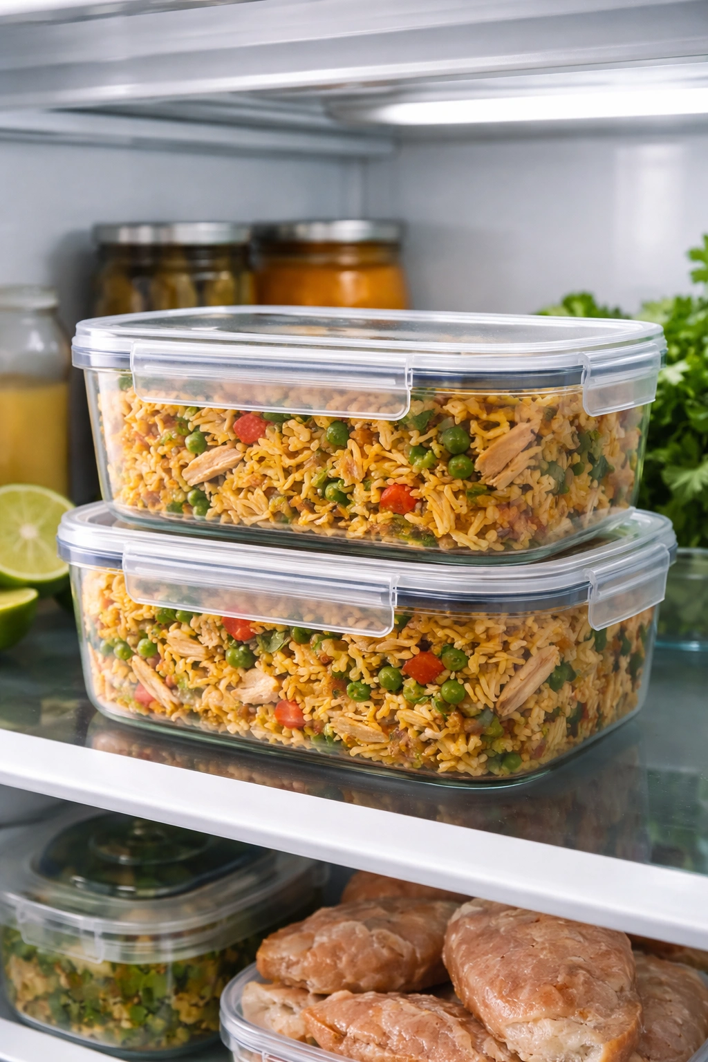 Clear airtight containers with arroz con pollo stored in fridge
