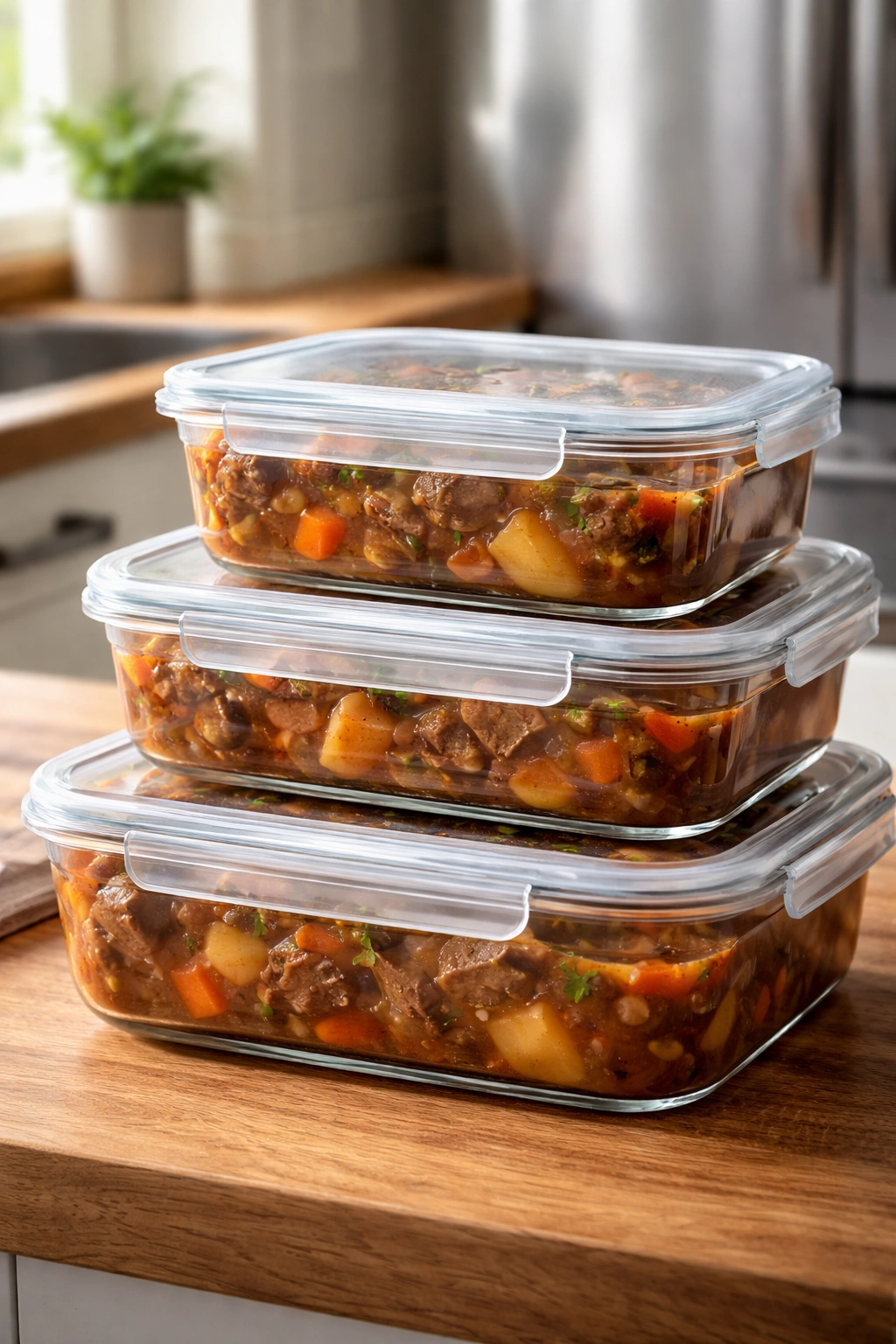 Clear glass containers of beef stew on a kitchen counter for make-ahead storage
