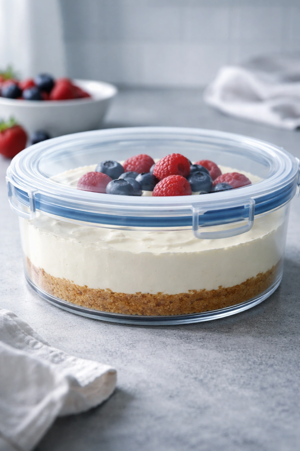 Cheesecake in clear storage container ready for make-ahead