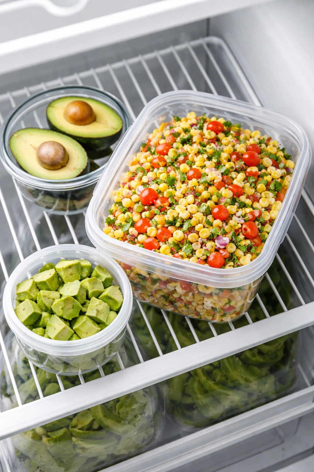 Two containers showing salad stored ahead of cookout with separate avocado