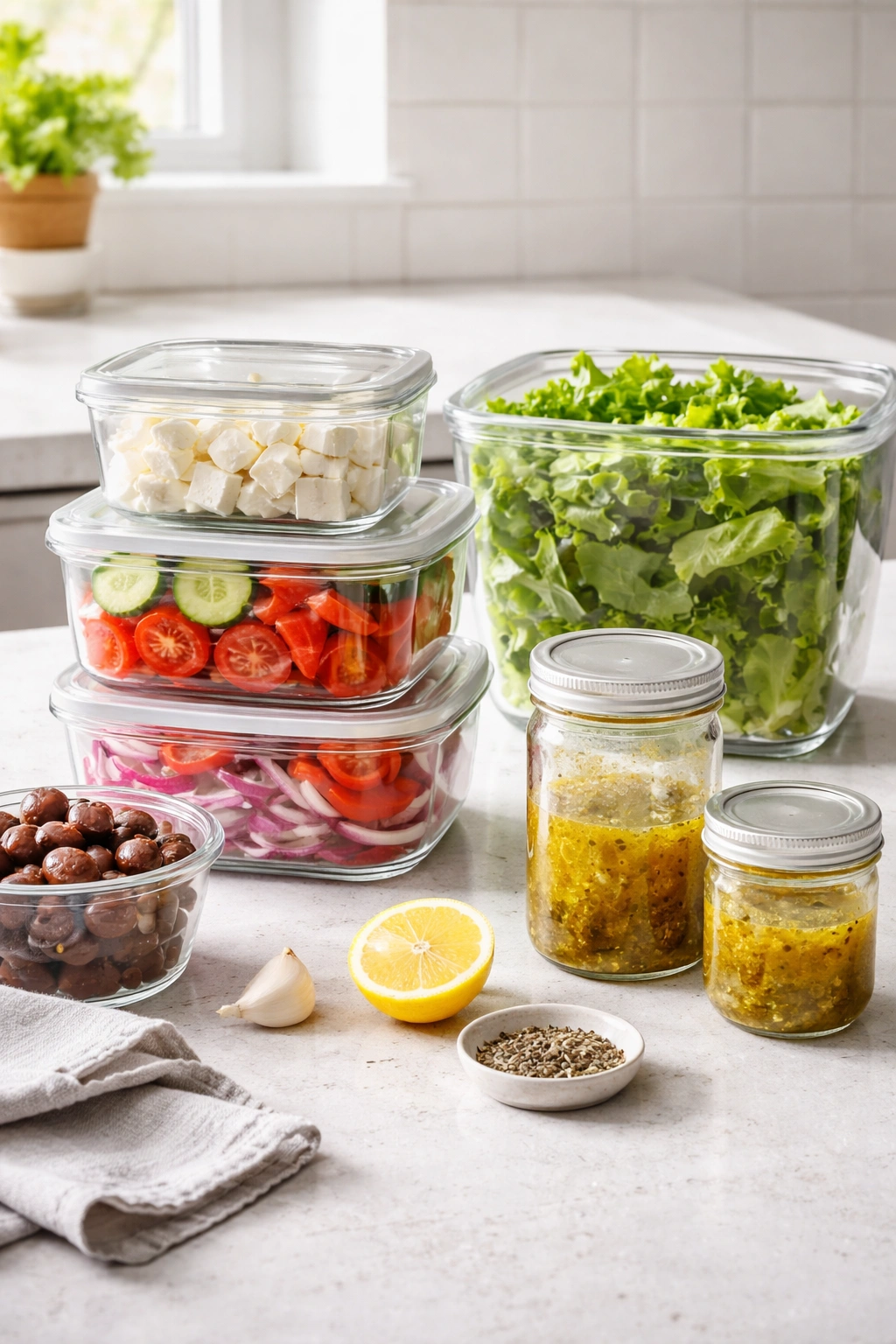 Dressing jars and storage containers for make-ahead Greek salad ingredients