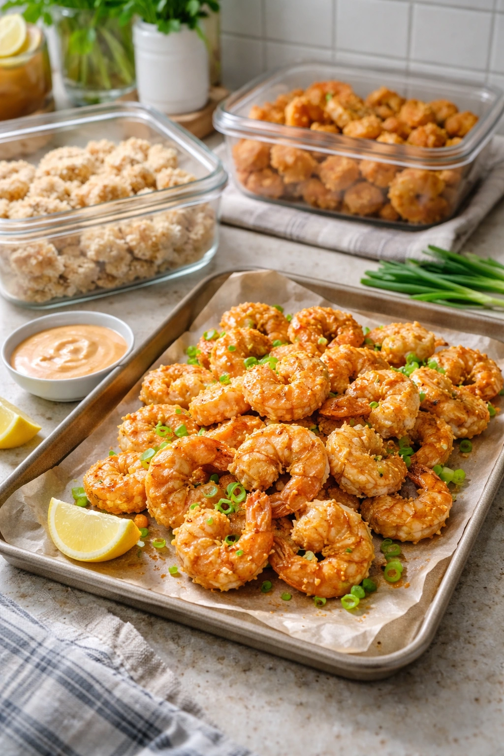 Fried Bang Bang shrimp on a tray with storage container in background