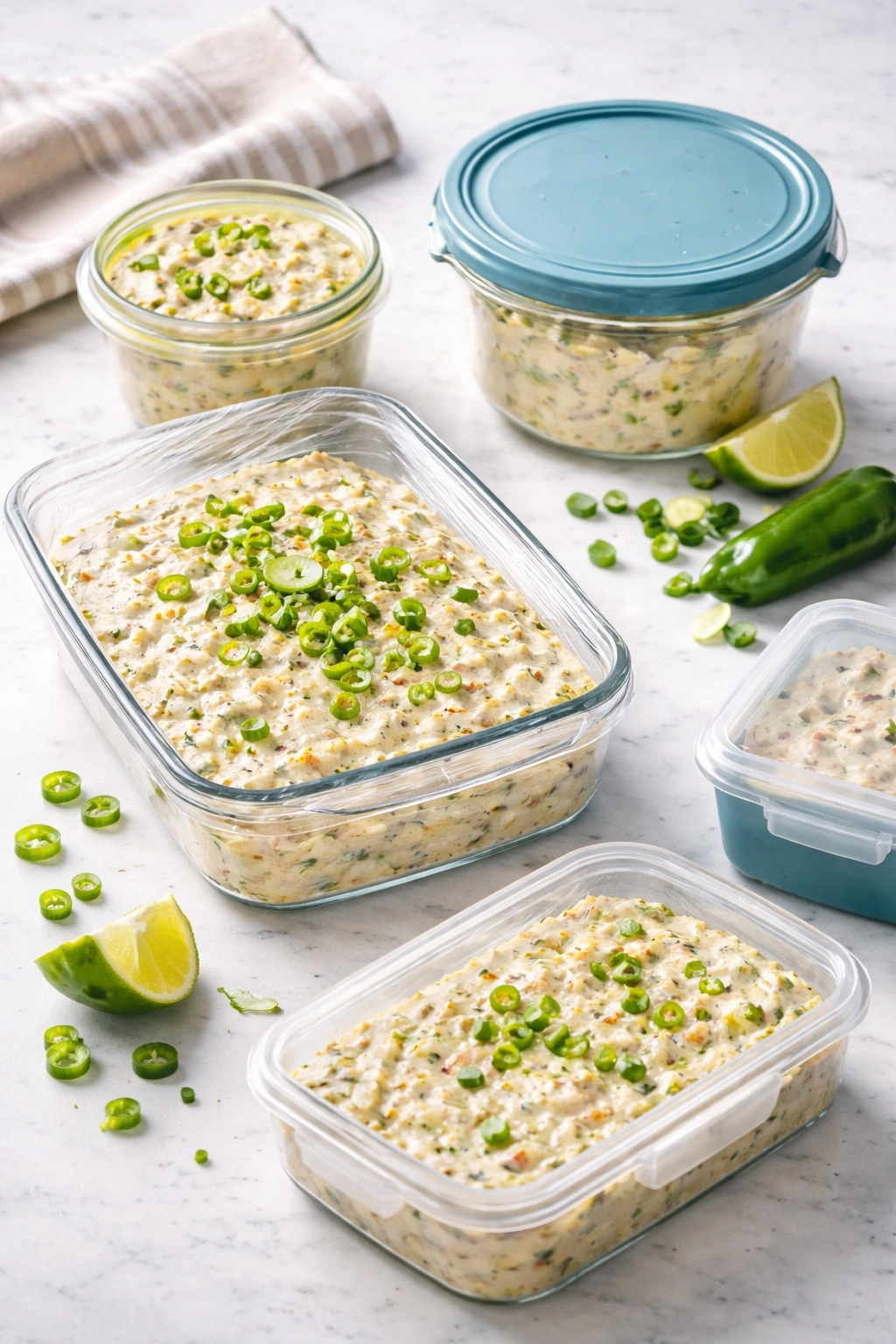 Dishes and containers showing make-ahead dip storage in a clean kitchen