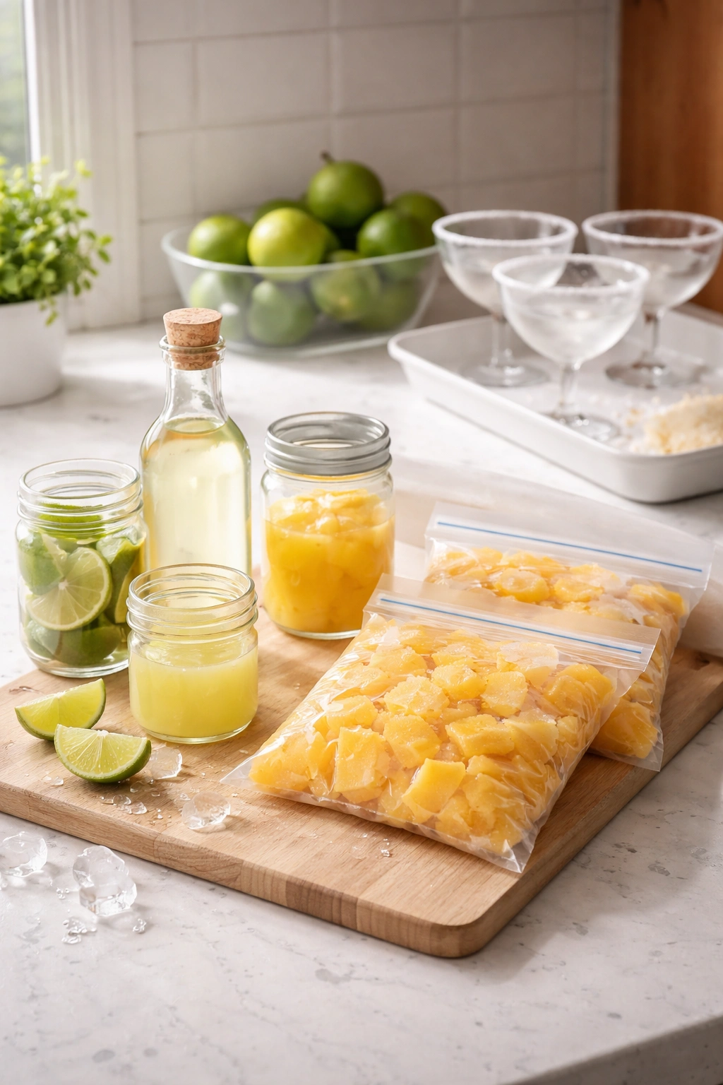 Frozen mango portions and simple syrup ready for storage