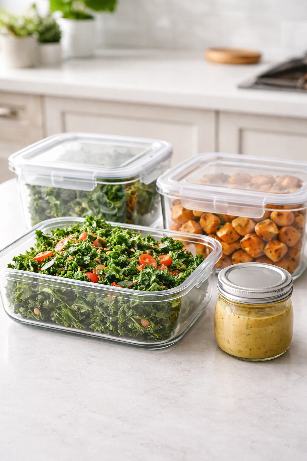 Three containers showing kale, roasted potatoes, and dressing for meal prep